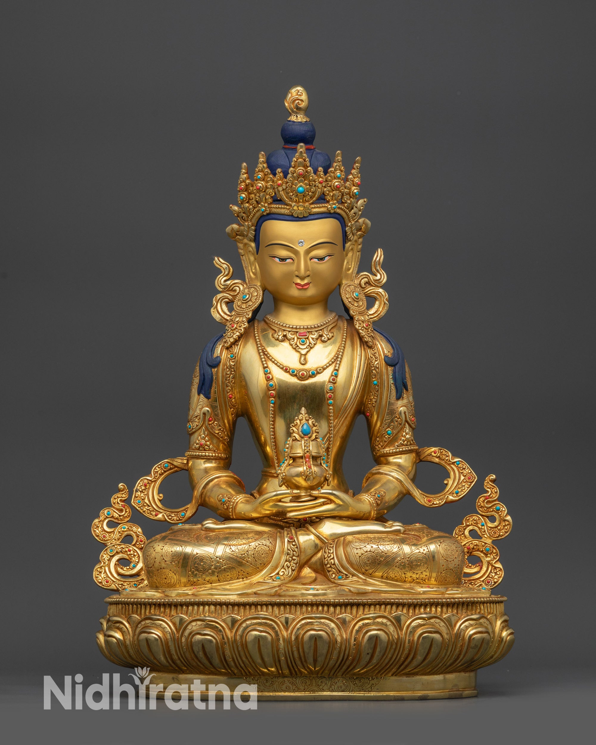 front view Amitayus Buddha statue gold-gilded face jeweled crown long-life deity