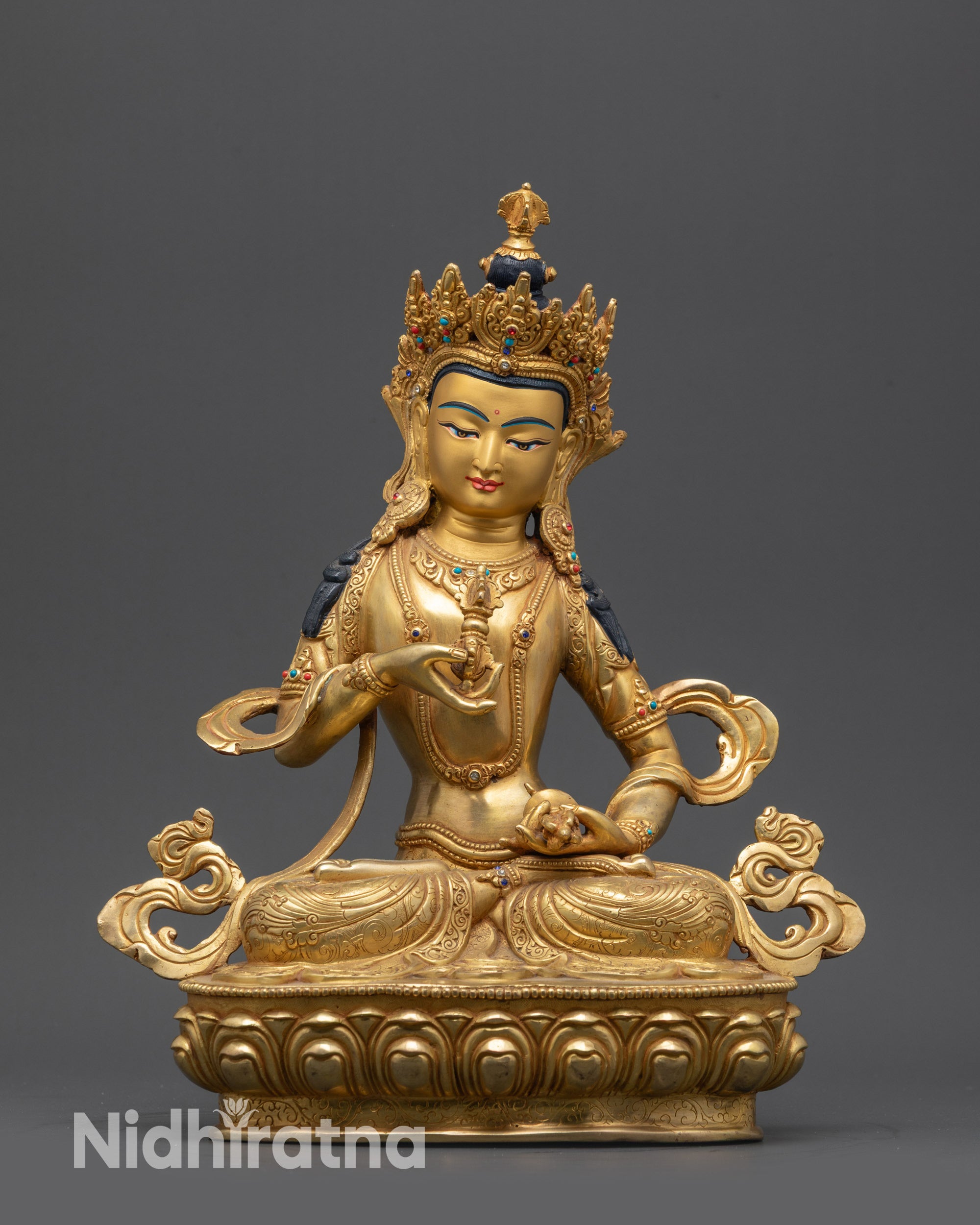 front view Gold-Gilded Vajrasattva Statue with vajra and bell, lotus seat and crown