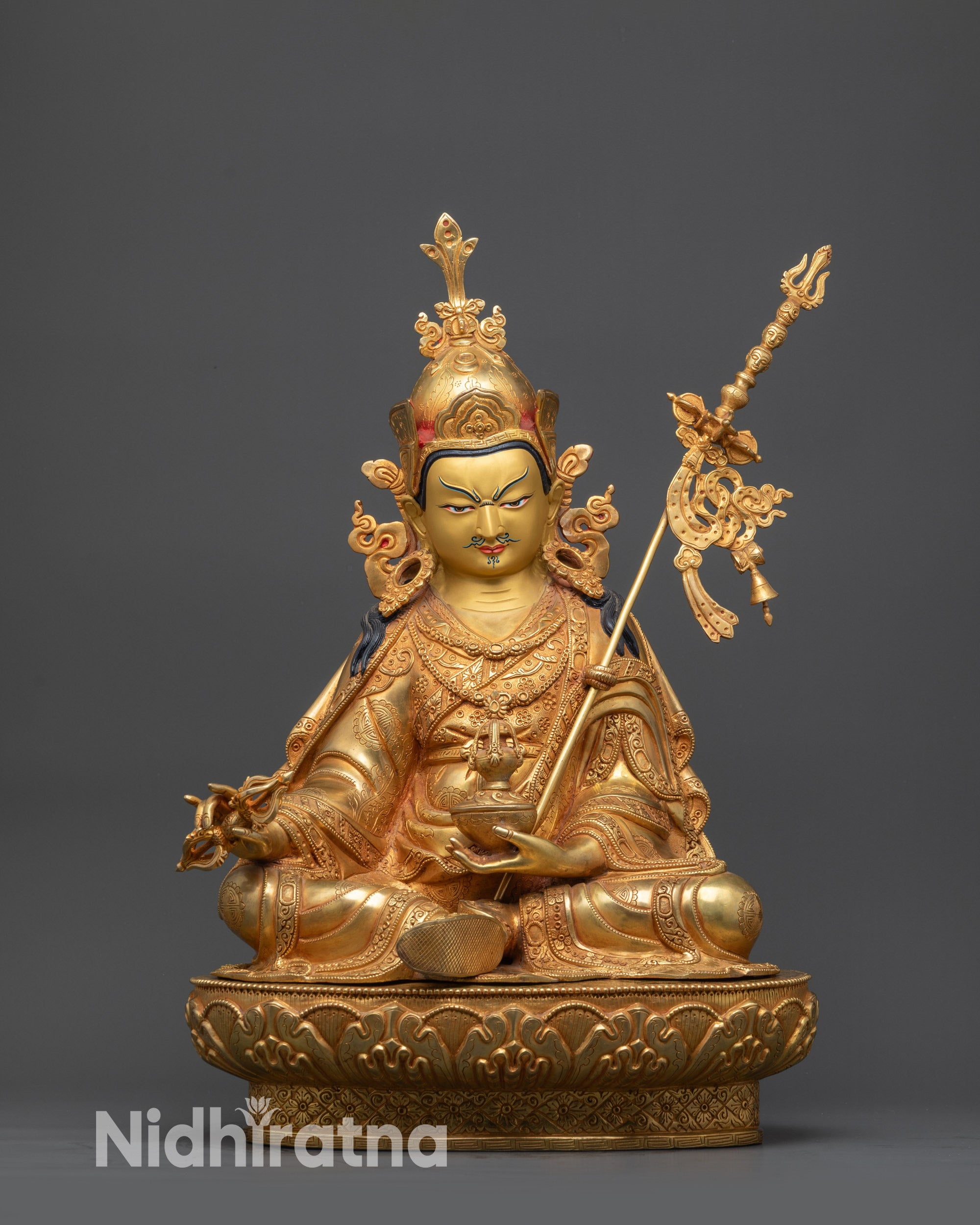 front view Guru Padmasambhava statue gold gilded face handmade Nepalese sculpture