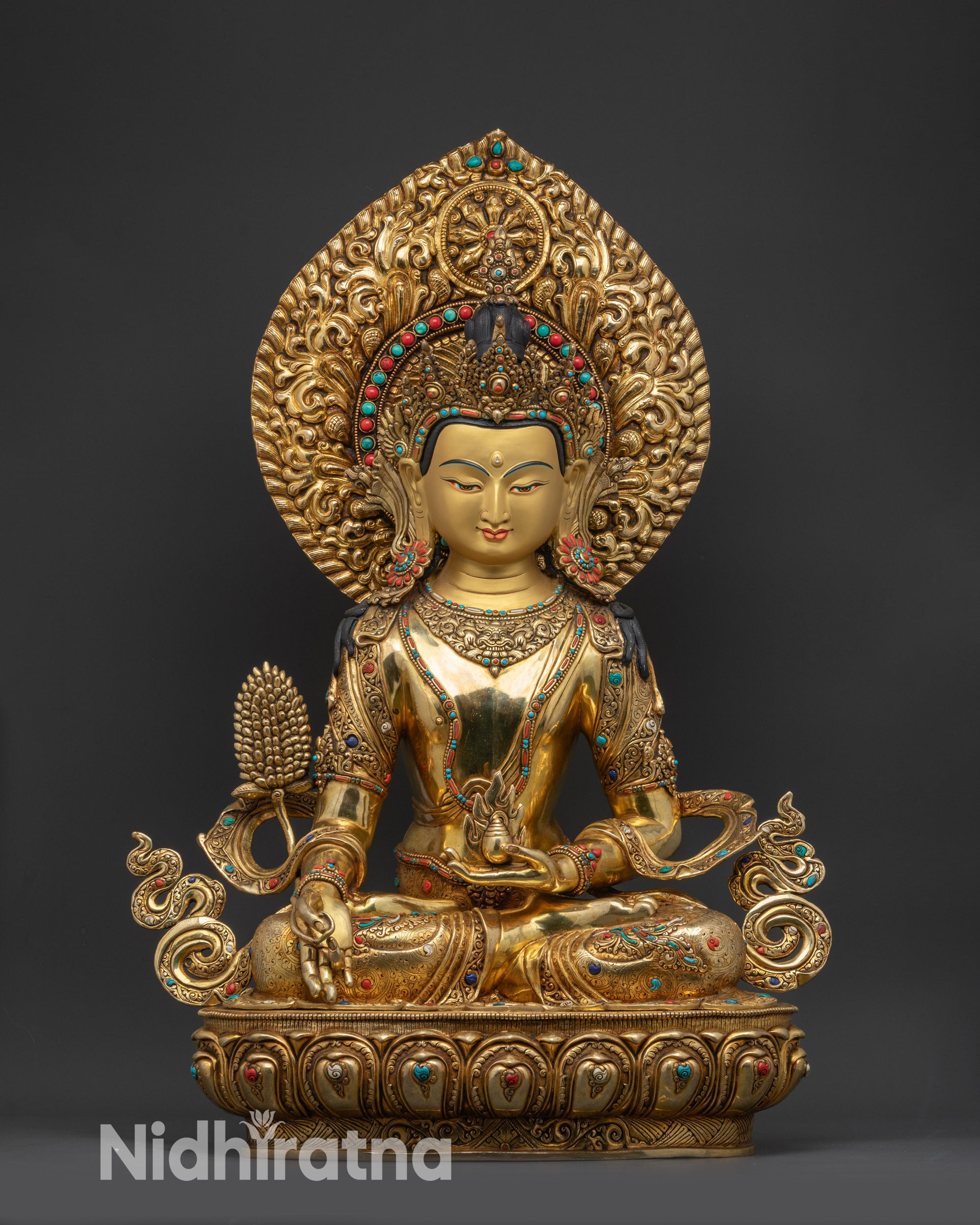 front view Kshitigarbha guardian deity statue with gold gilding and lotus seat