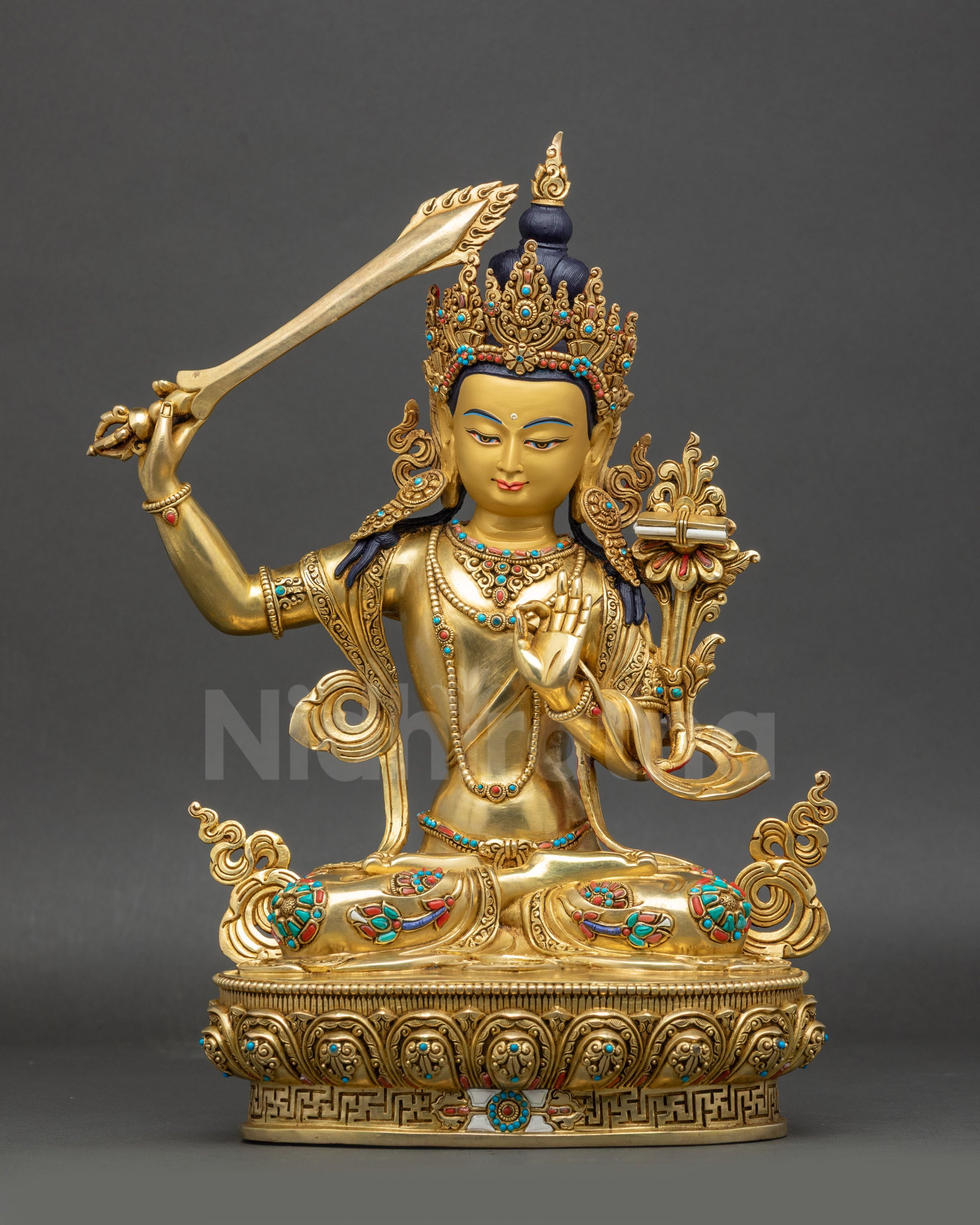 front view Manjushri statue on lotus seat with gold-gilded copper and detailed robes