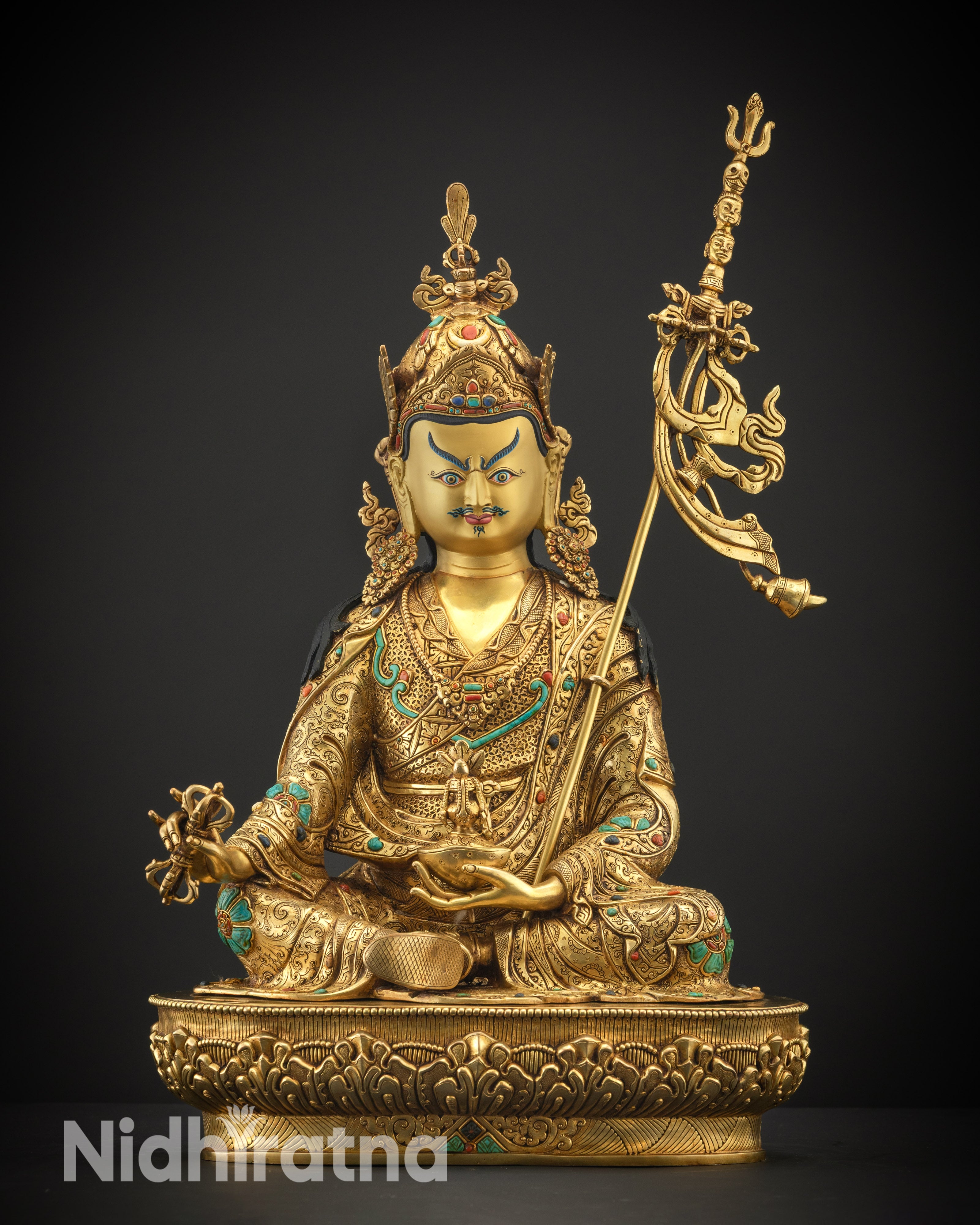 front view Masterpiece Padmasambhava Statue 24K gold gilded Buddhist artwork from Nepal