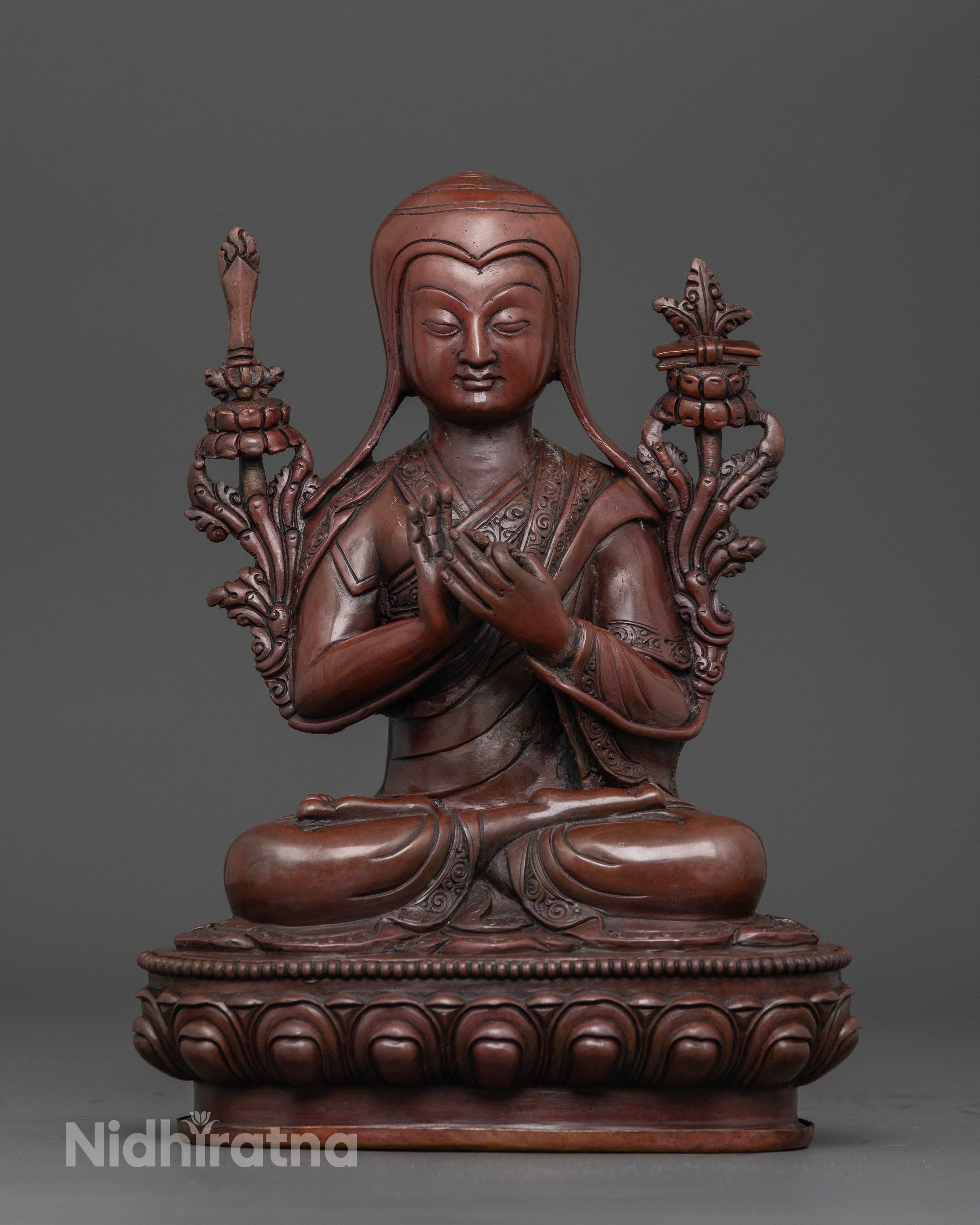 front view Oxidized Tsongkhapa statue handcrafted copper with intricate details by Nepalese artisans