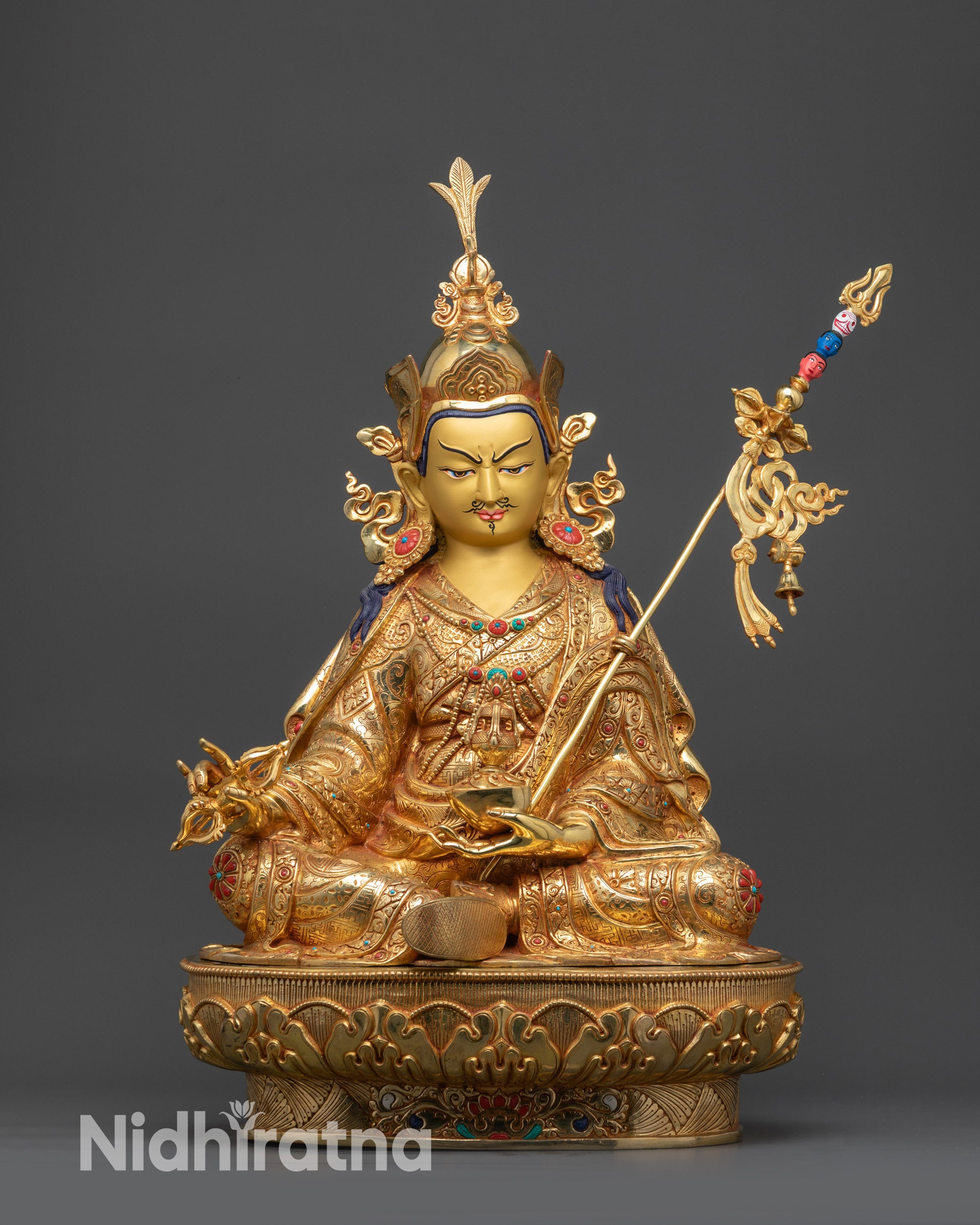 front view Premium Padmasambhava Statue handmade in Nepal lost wax copper artwork