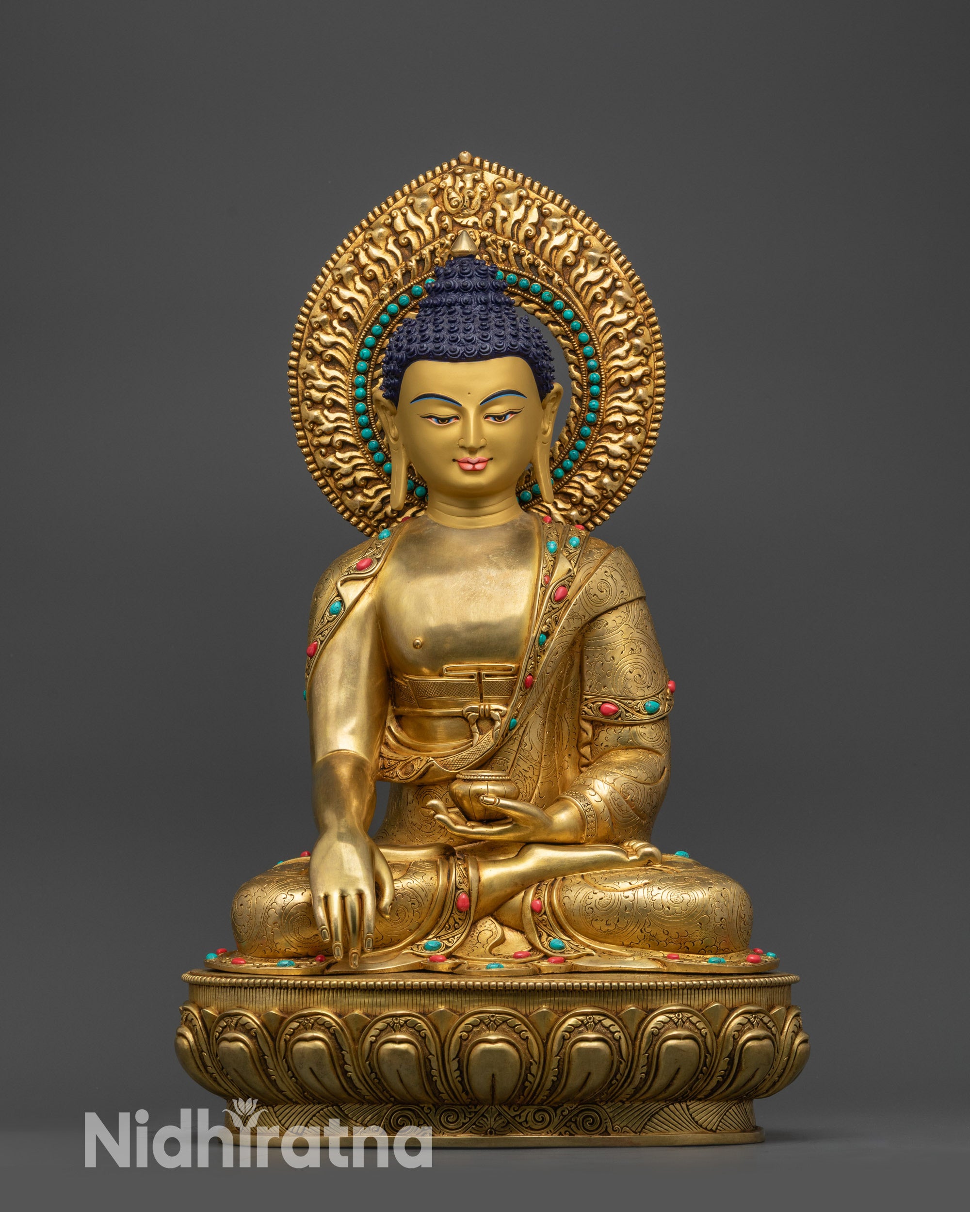 front view Seated Shakyamuni Buddha statue on lotus seat with gold-gilded face