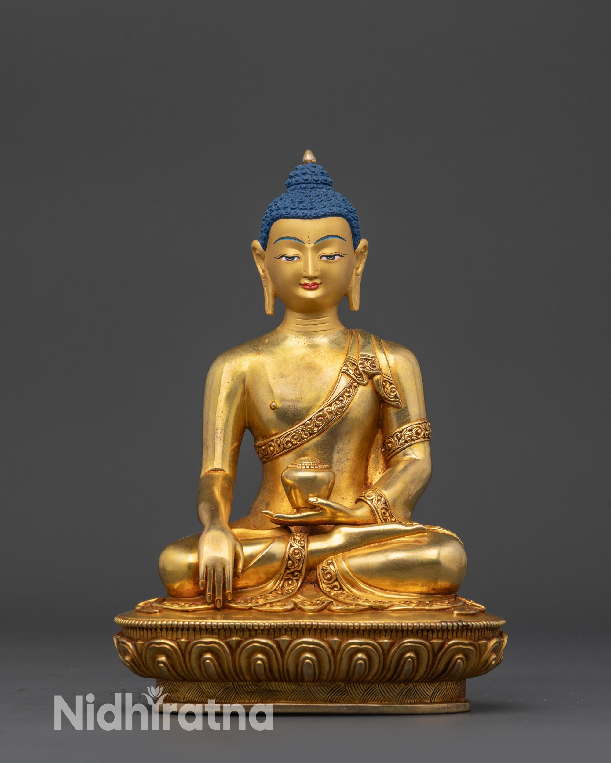 front view Shaka Nyorai Buddha statue with 24K gold fire gilding and lotus base