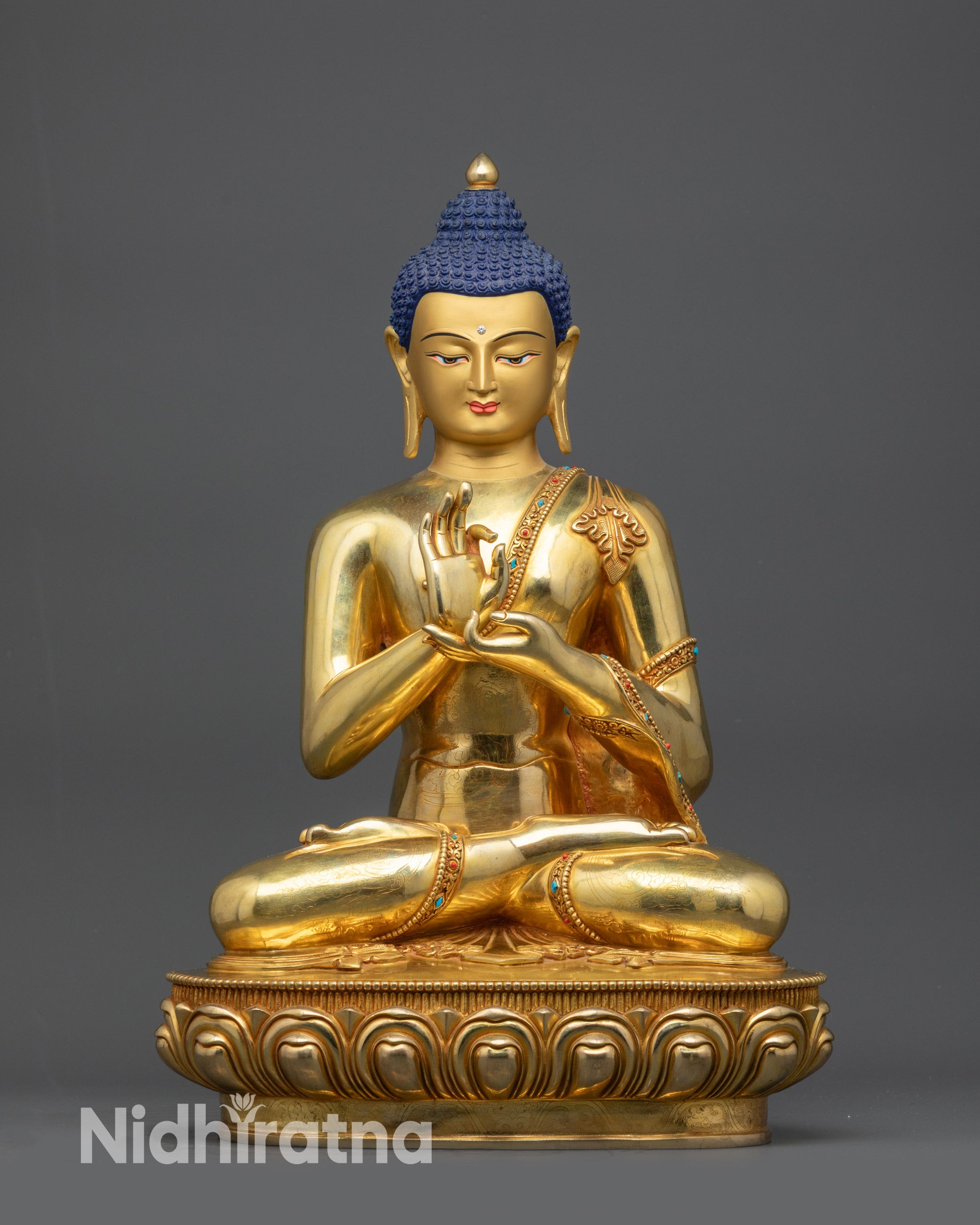 front view Suvarna Bhadra Vimala statue from Nepal on lotus pedestal for altar decor