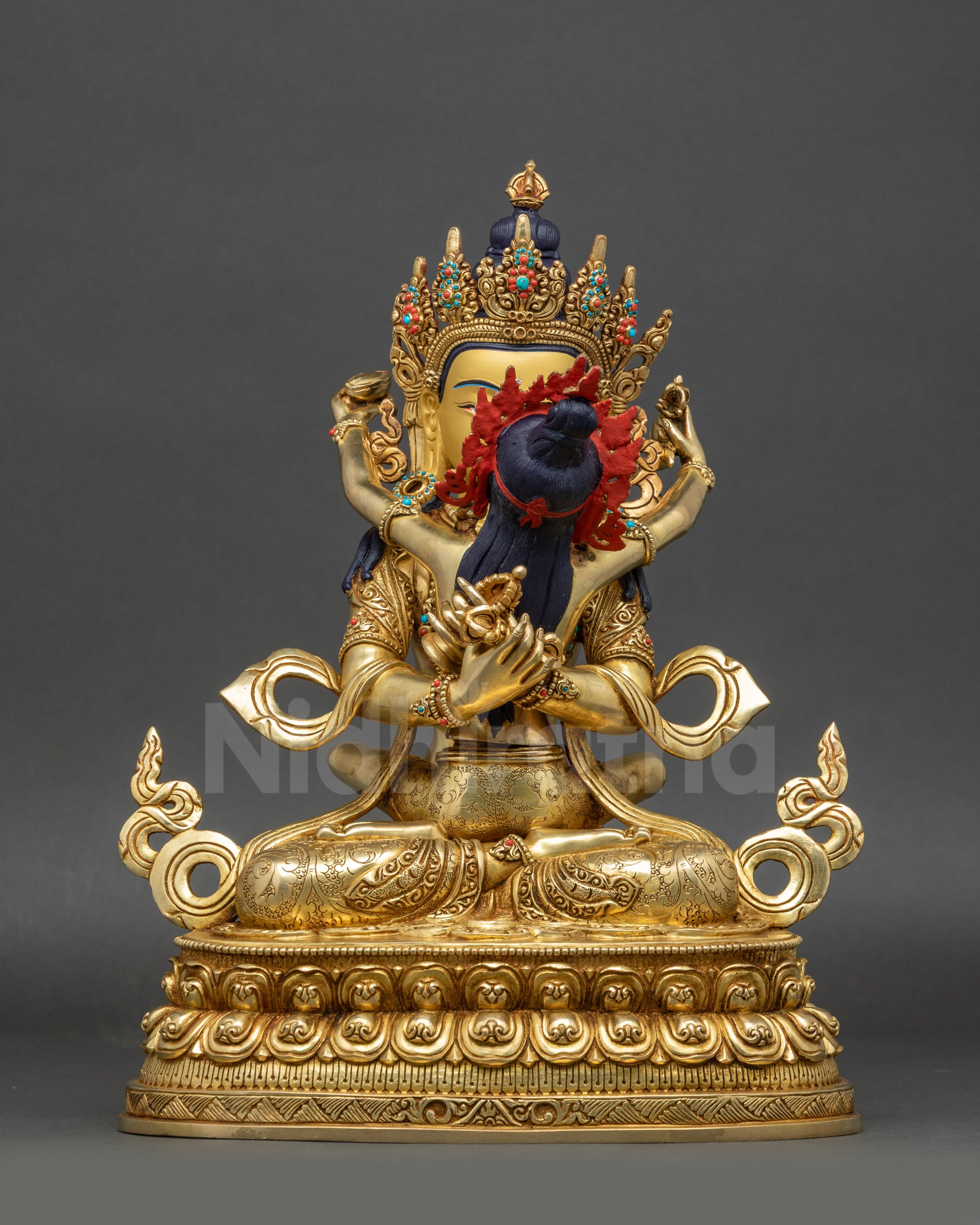 front view Vajradhara Yab-Yum statue on lotus pedestal with gold-gilded copper