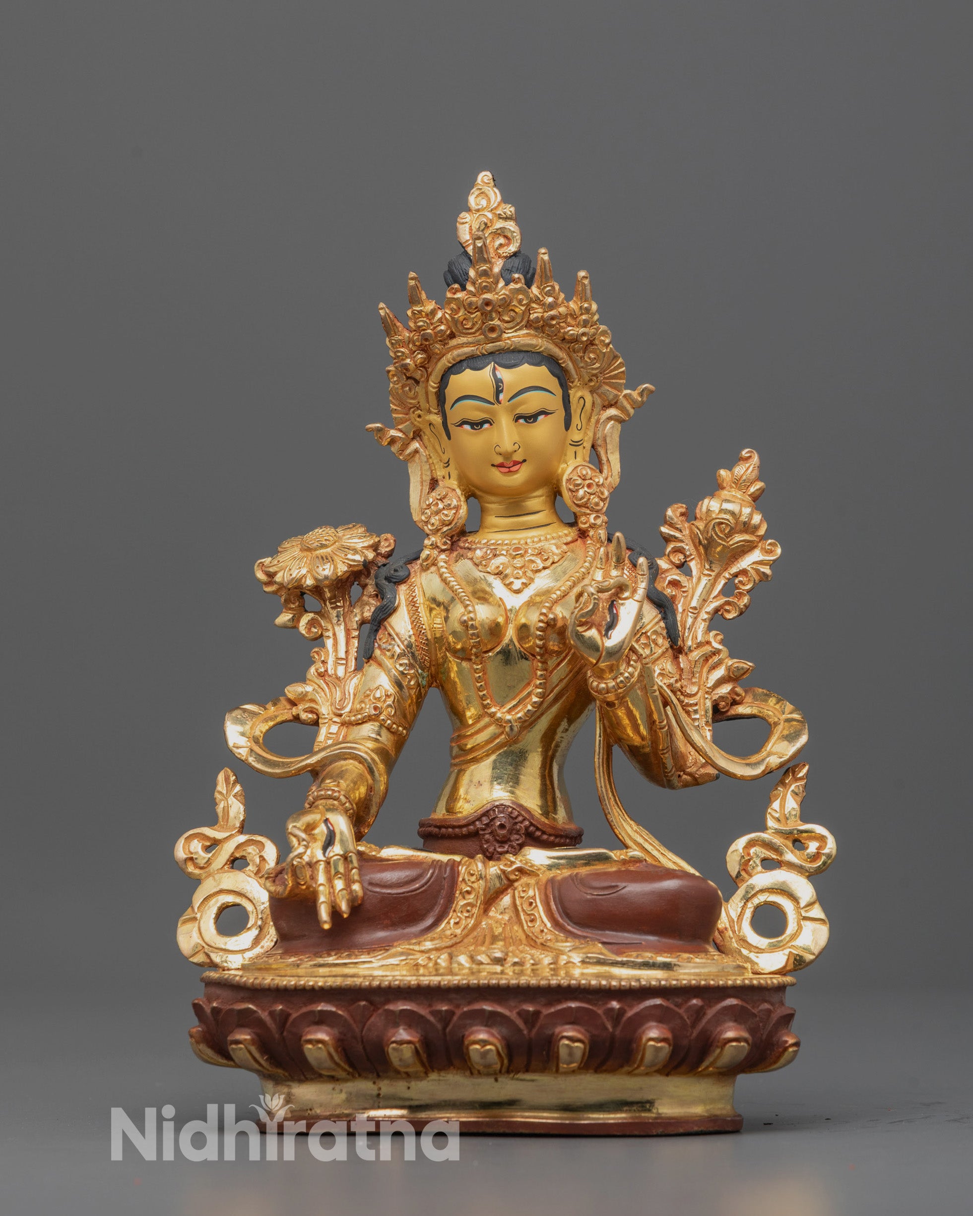 front view White Tara Statue with gold-gilded face and seven eyes, full-body handcrafted sculpture