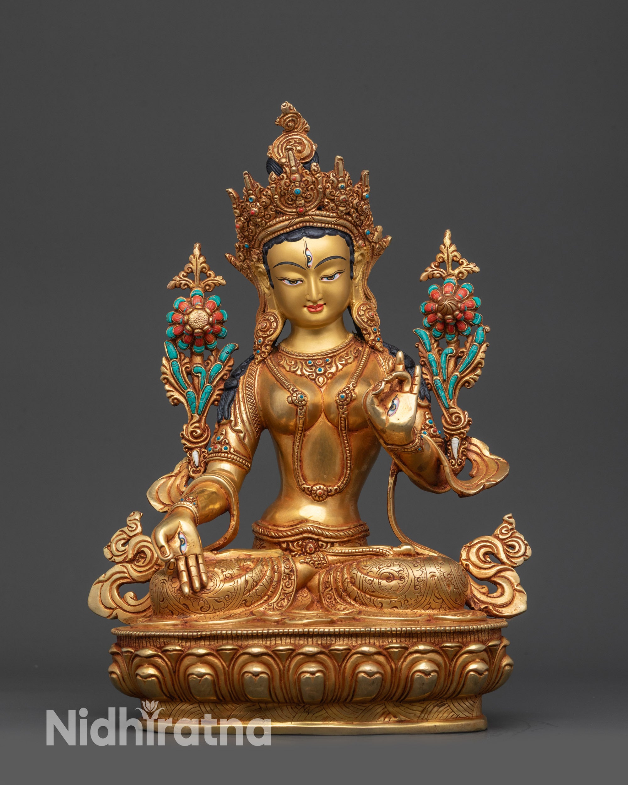 front view White Tara statue gold gilded face lotus seat Buddhist healing deity