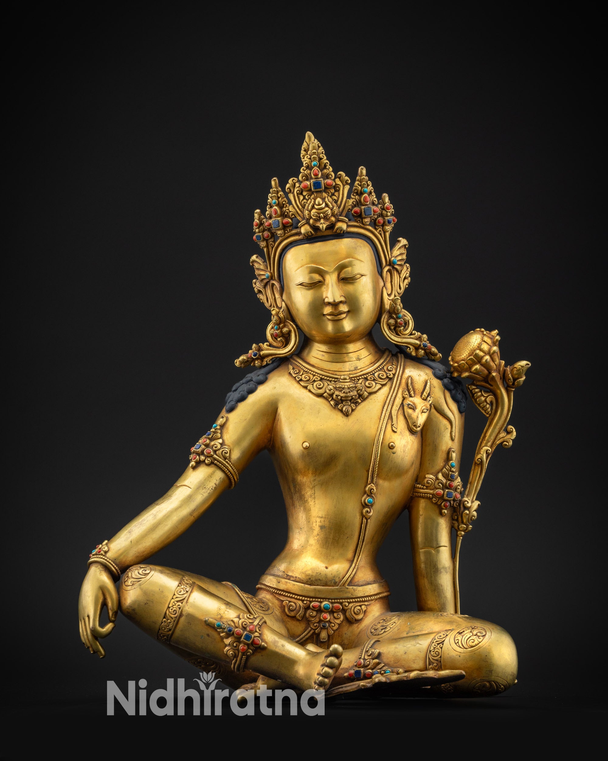 front view avalokiteshvara statue gold gilded with lotus and five jeweled crown