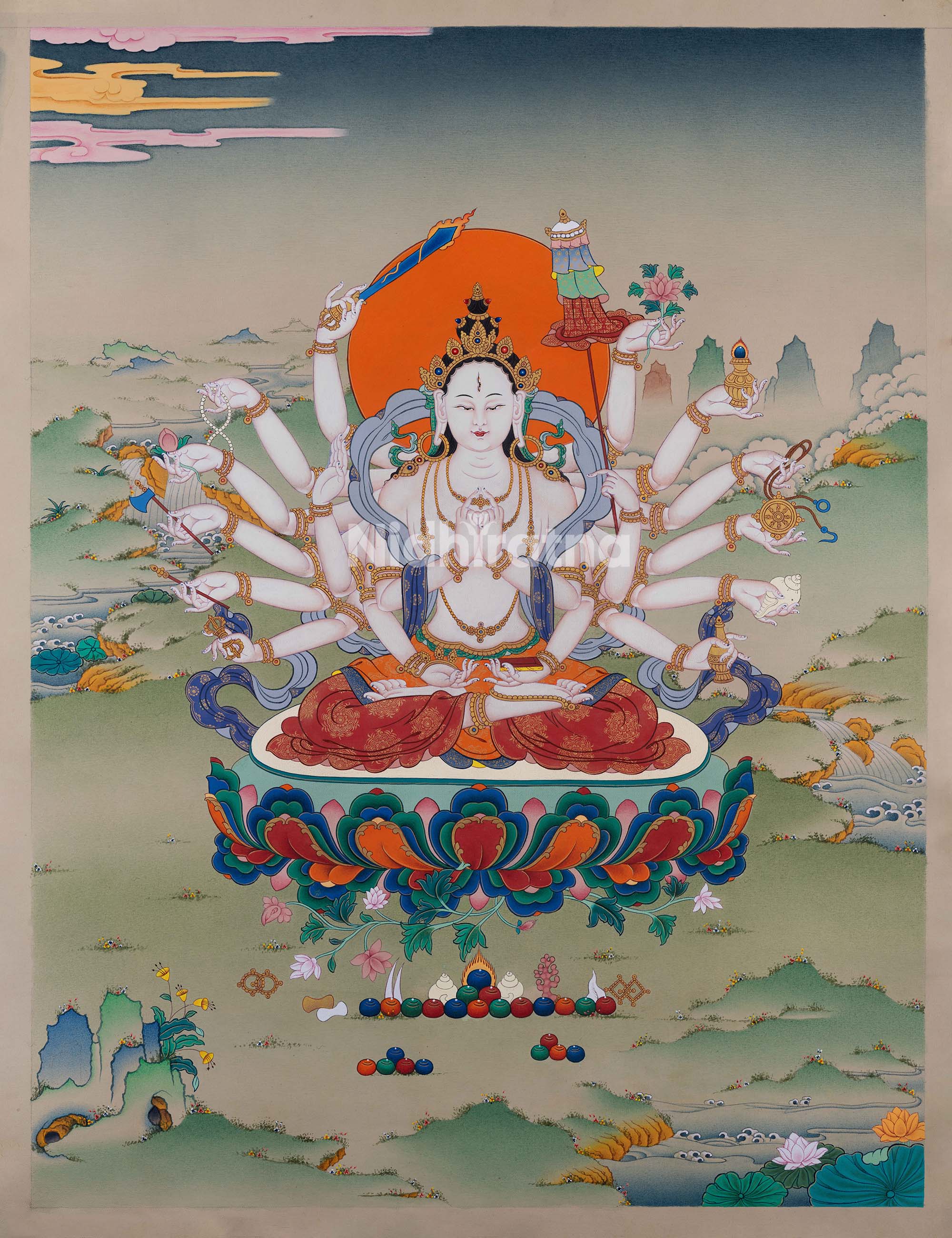front view of Chundi thangka print showing 18-armed deity seated on lotus with floral background