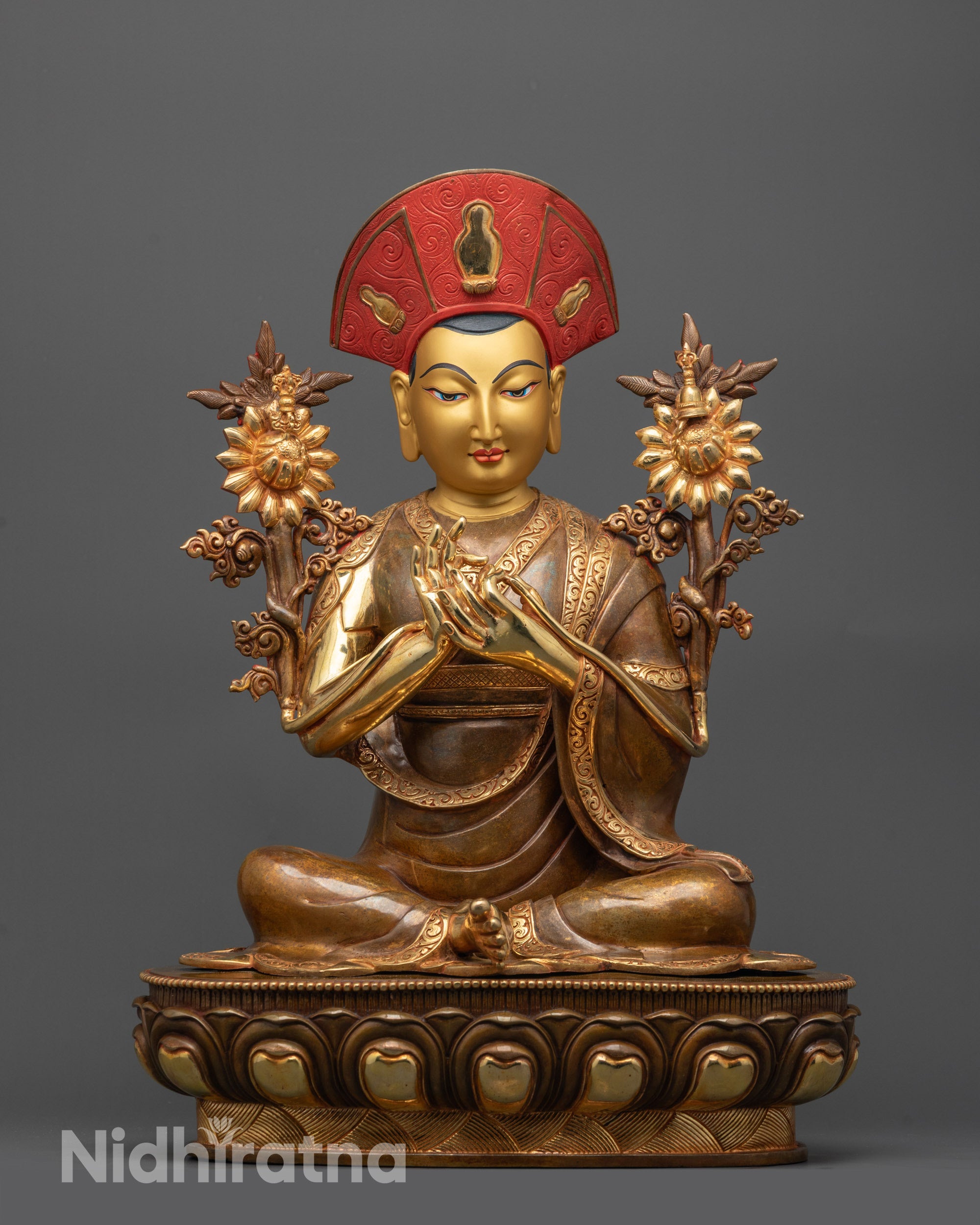 front view of Nyamme Sherab Gyaltsen Statue with gold-gilded face and lotus seat on copper base