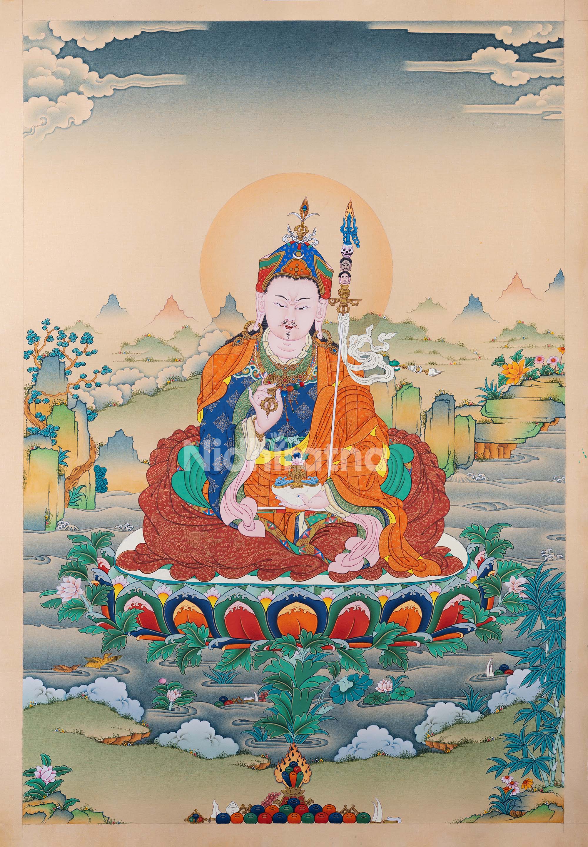 front view of Tsokye Dorje thangka print on lotus with pond and plants in divine background