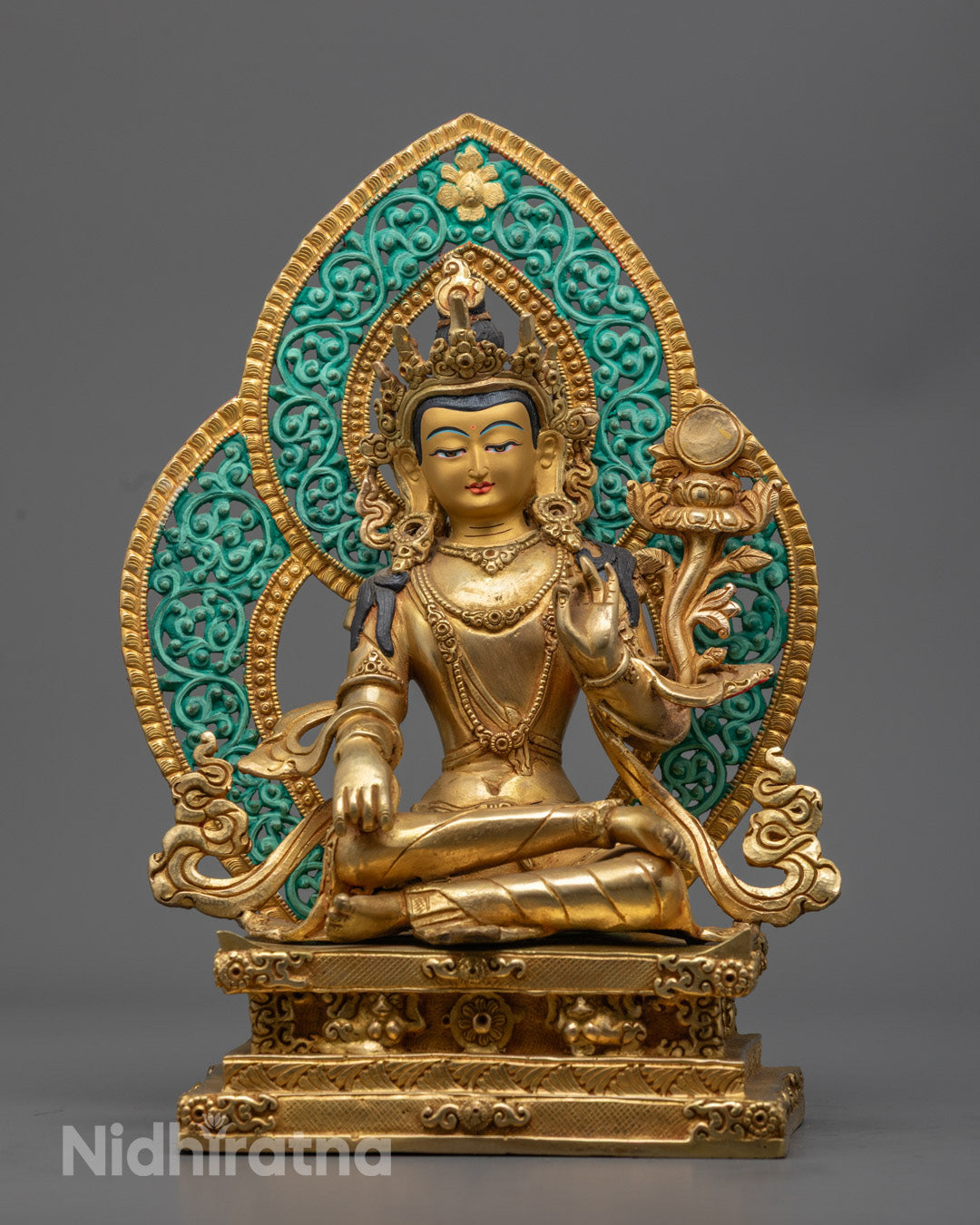 front view of handcrafted Bodhisattva statue with gold-gilded face and lotus throne