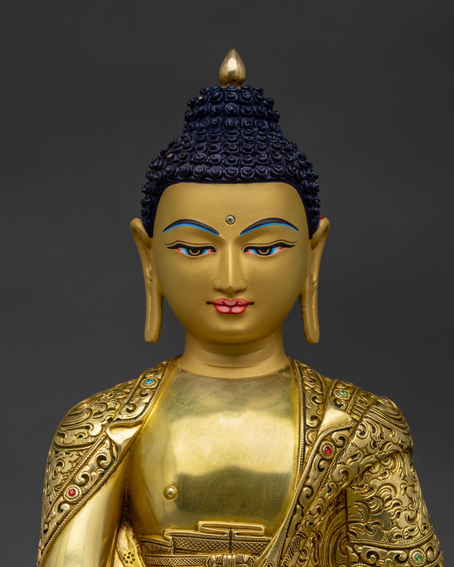 Frontal close-up of Shakyamuni Buddha holding alms bowl on double-lotus pedestal