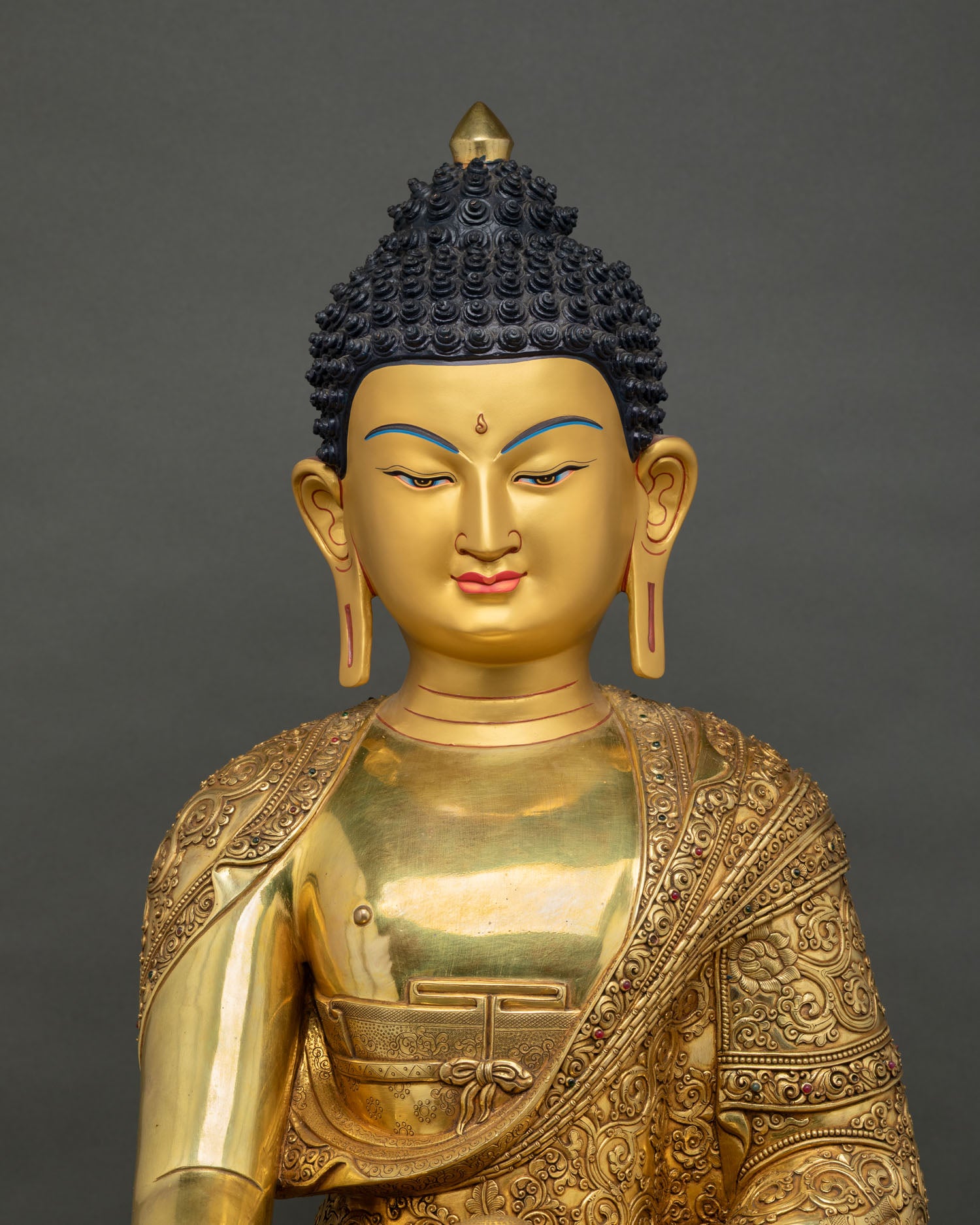 Full body Shakyamuni Buddha copper statue in meditation pose, front facing view