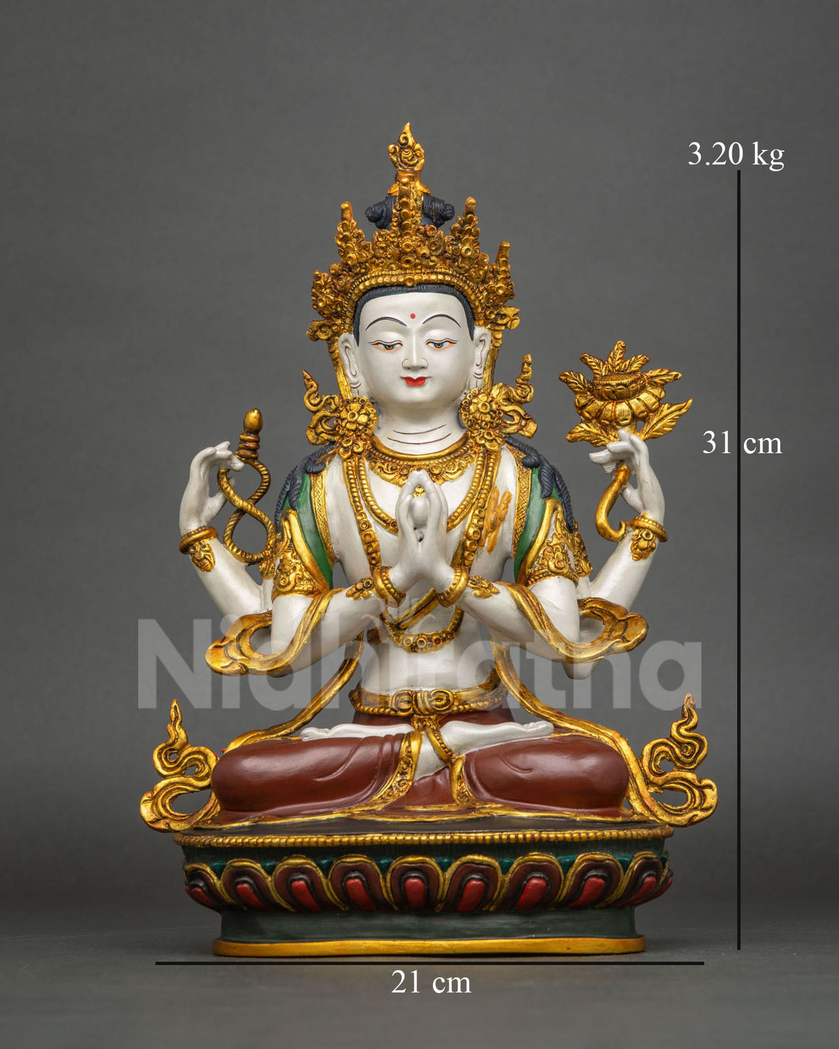 Full front view of four-armed Chenrezig statue, hand-painted copper with gold accents on lotus base