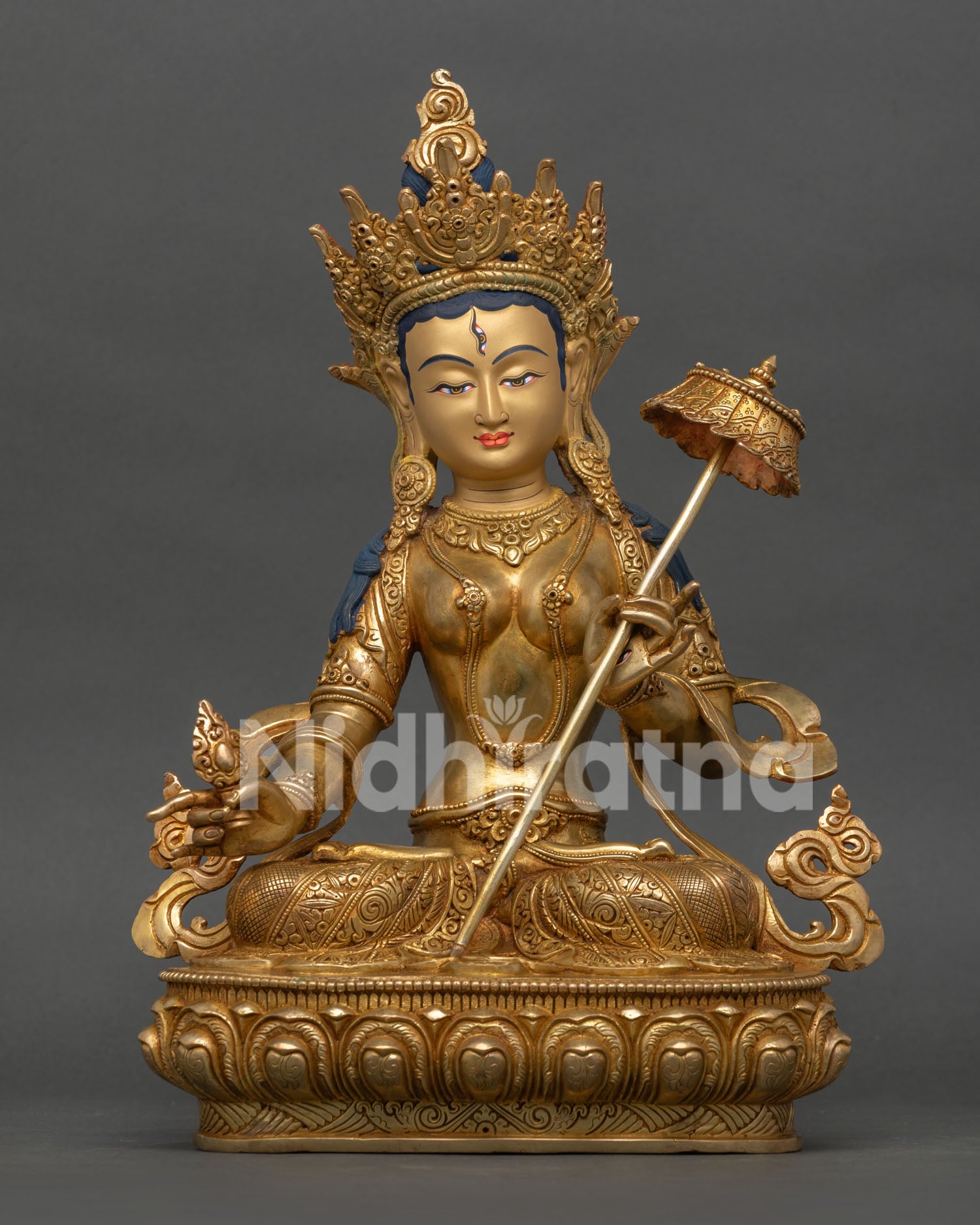 full view of dukar buddhist protector deity statue with 24k gold gilding