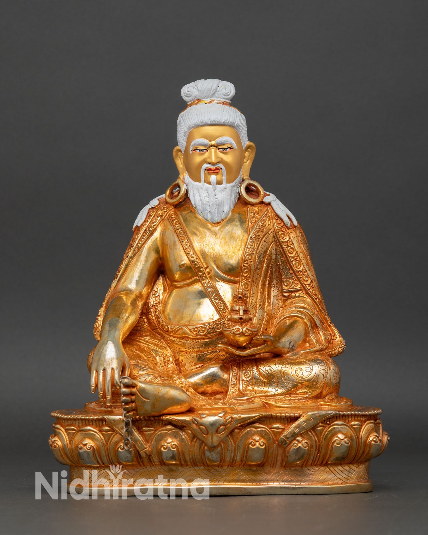 Full view Thangtong Gyalpo statue, 24K gold gilded Nepal copper