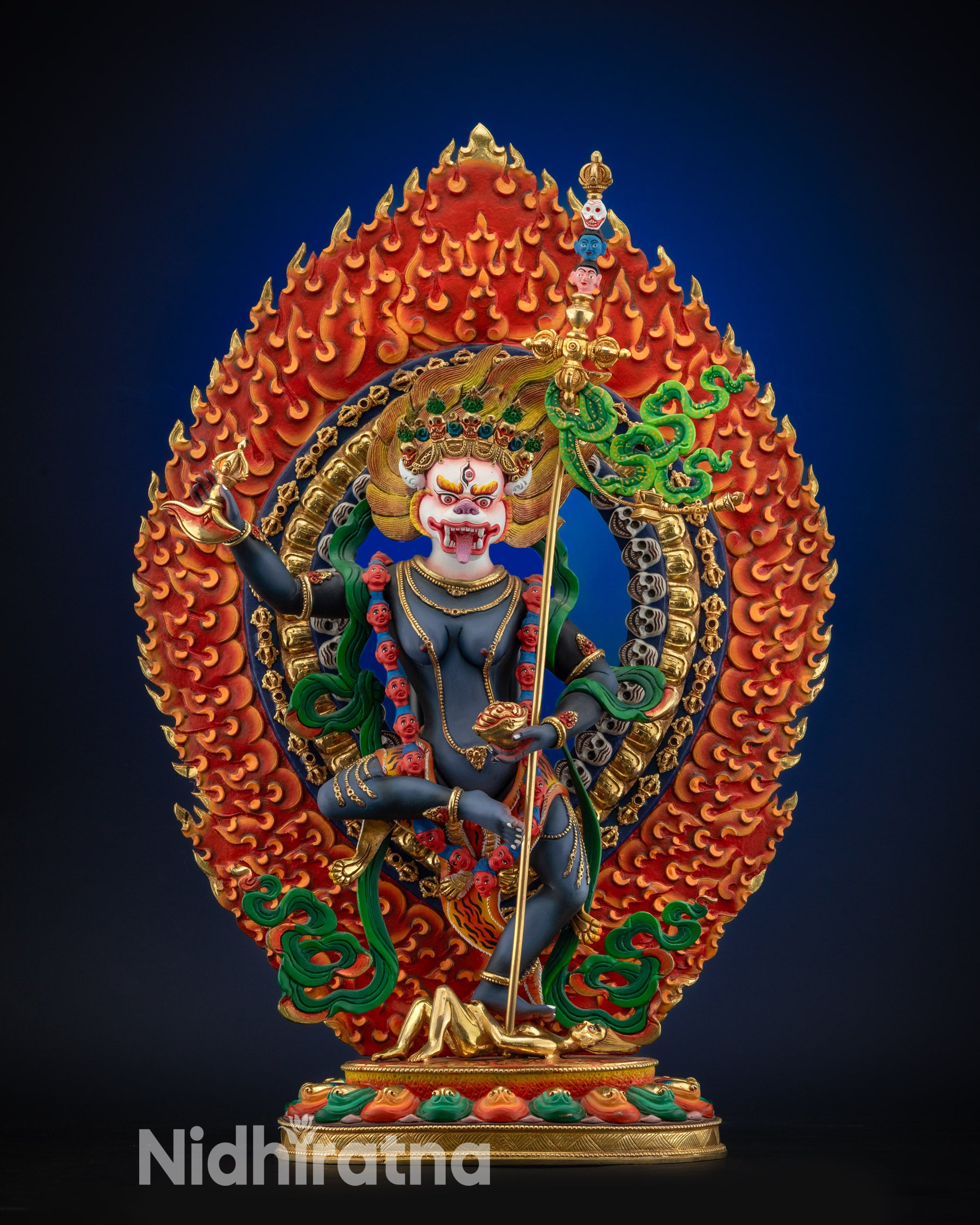 full view Simha Mukha statue on lotus seat with vibrant colors and gold-plated halo
