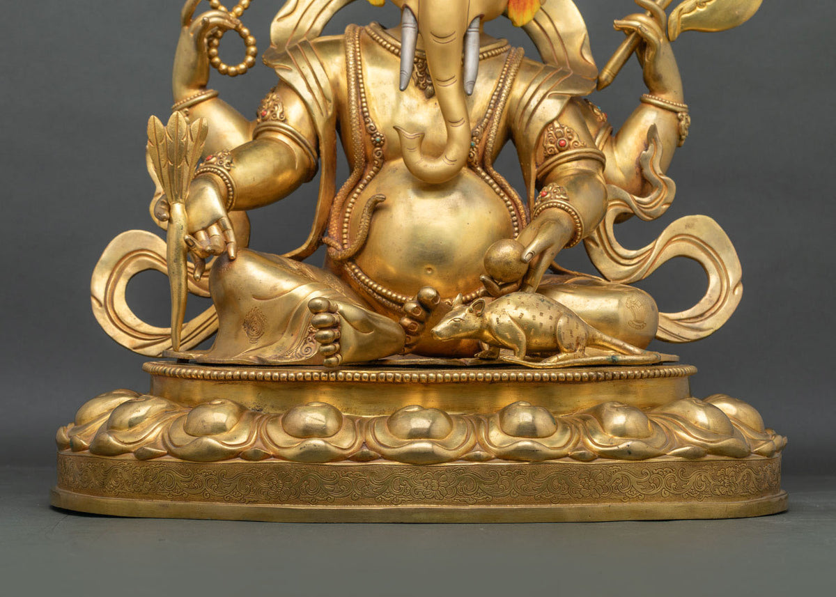 Ganesh statue base with tiered lotus pedestal, Mushika, radish and modak, gold fire-gilded copper