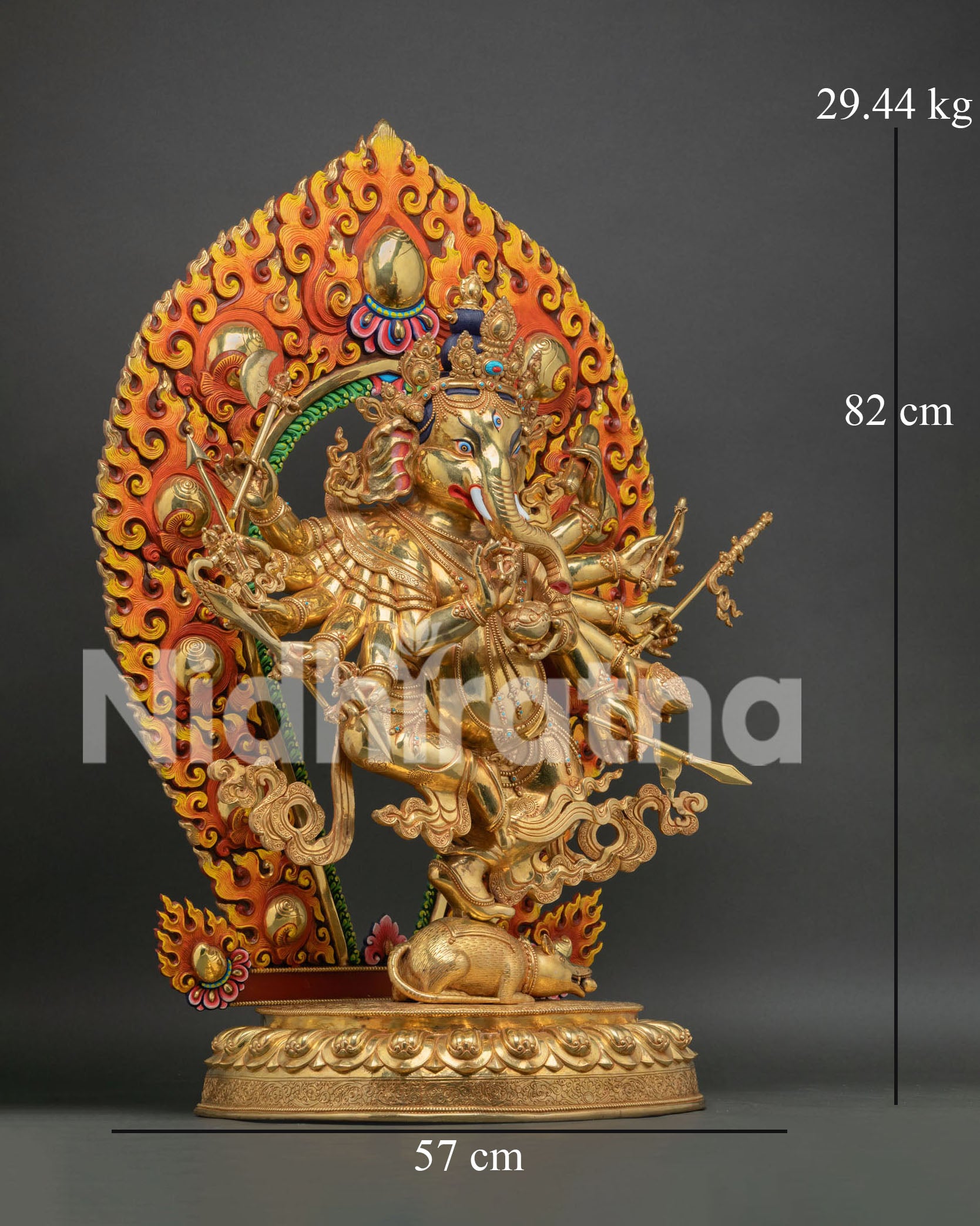 Ganesh statue dimensions - 82cm height, 57cm width, 29.44kg gold fire-gilded sculpture