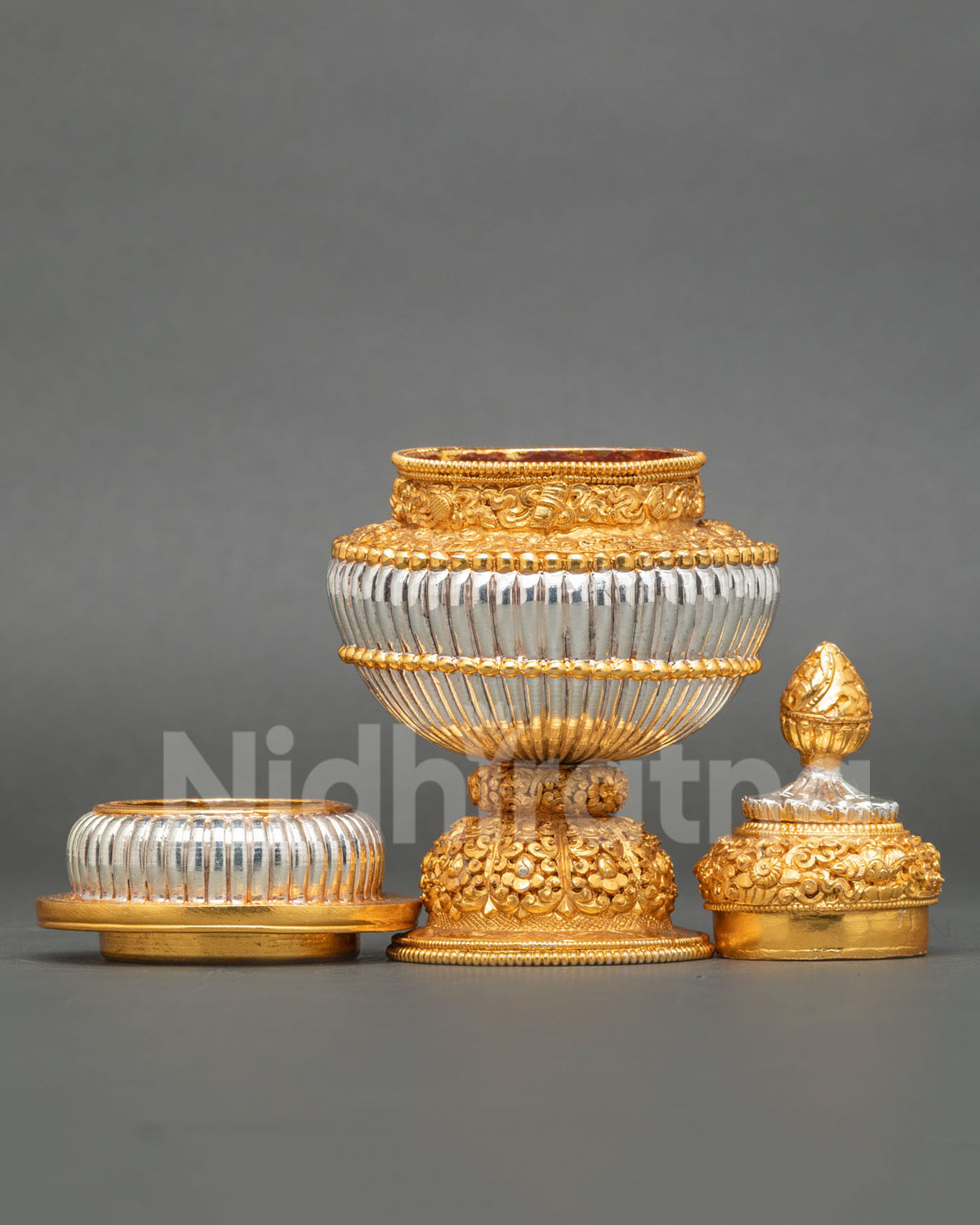 Gold and silver-plated Neshi Rice Pot for holding rice offerings during Buddhist rituals and ceremonies