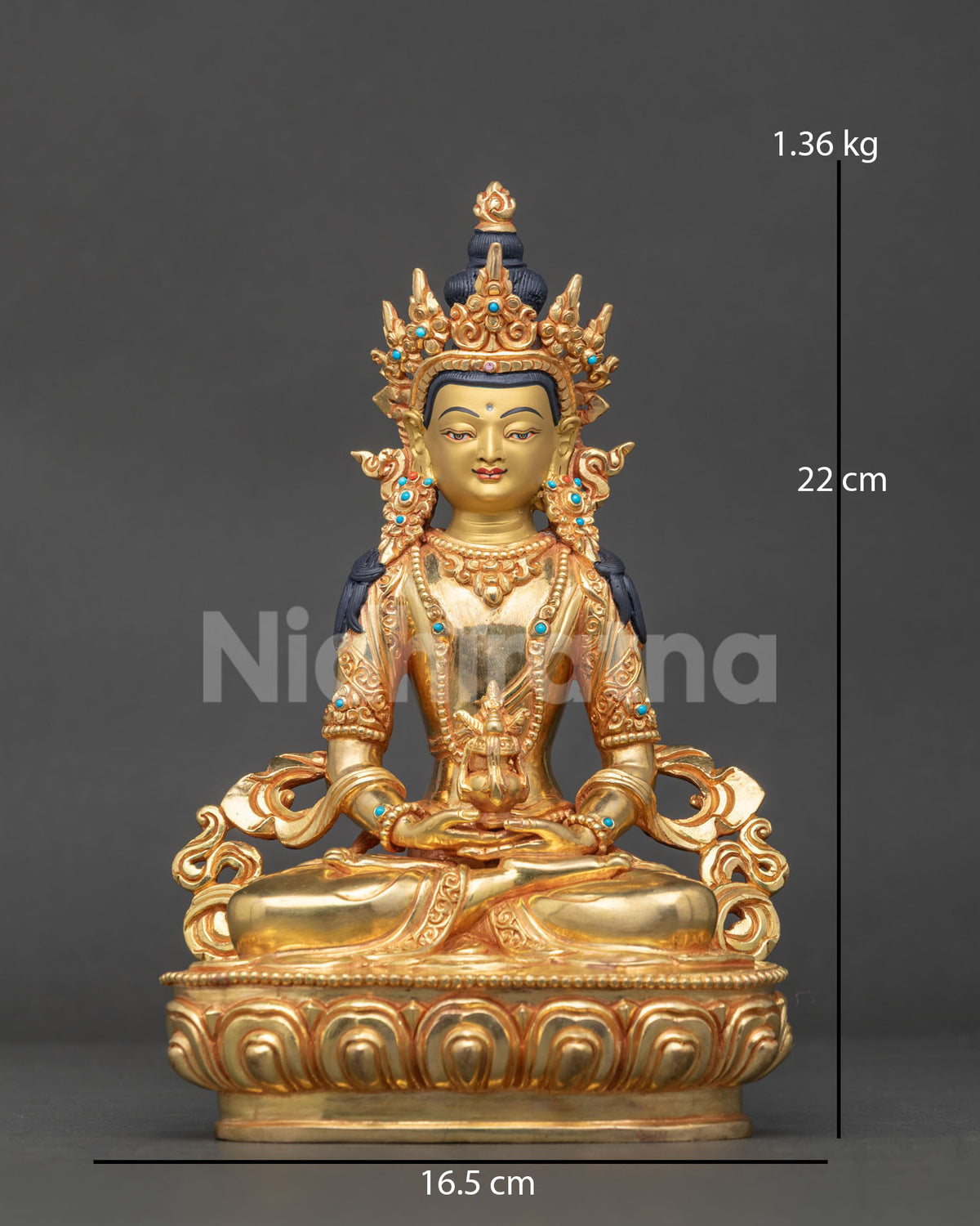 Gold fire gilded amitayus statue in copper with semi precious stones and long life vase.