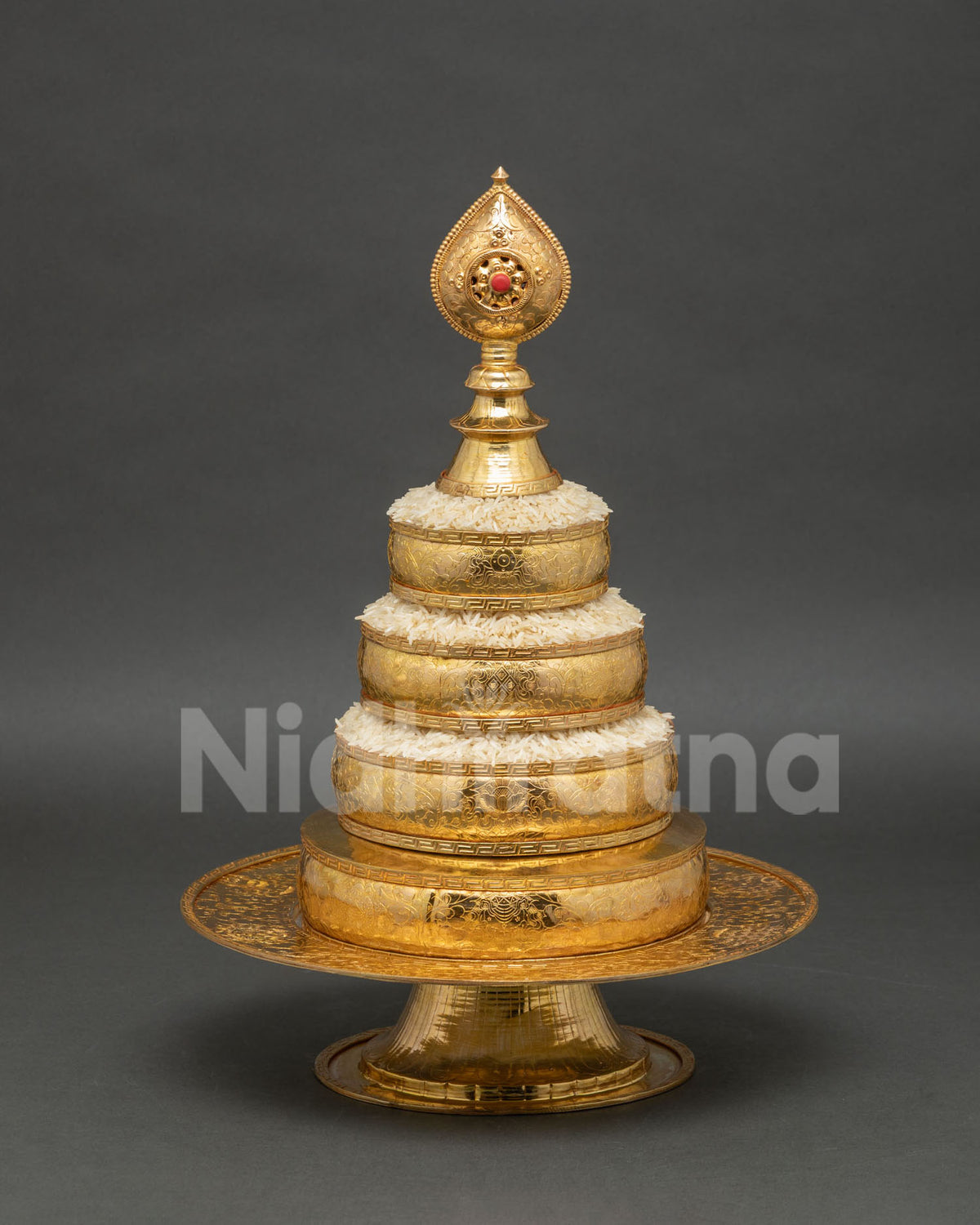 Gold fire-gilded Buddhist Mandala Offering Set with coral norbu finial