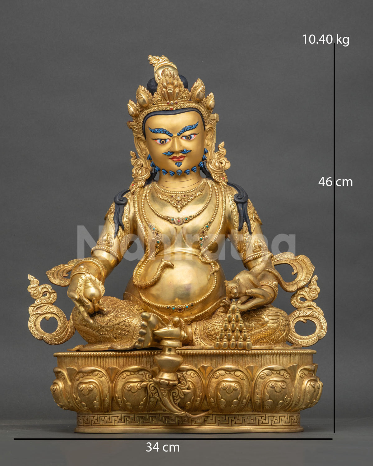 Gold fire-gilded Dzambhala copper statue, front view, hand-carved wealth deity from Nepal