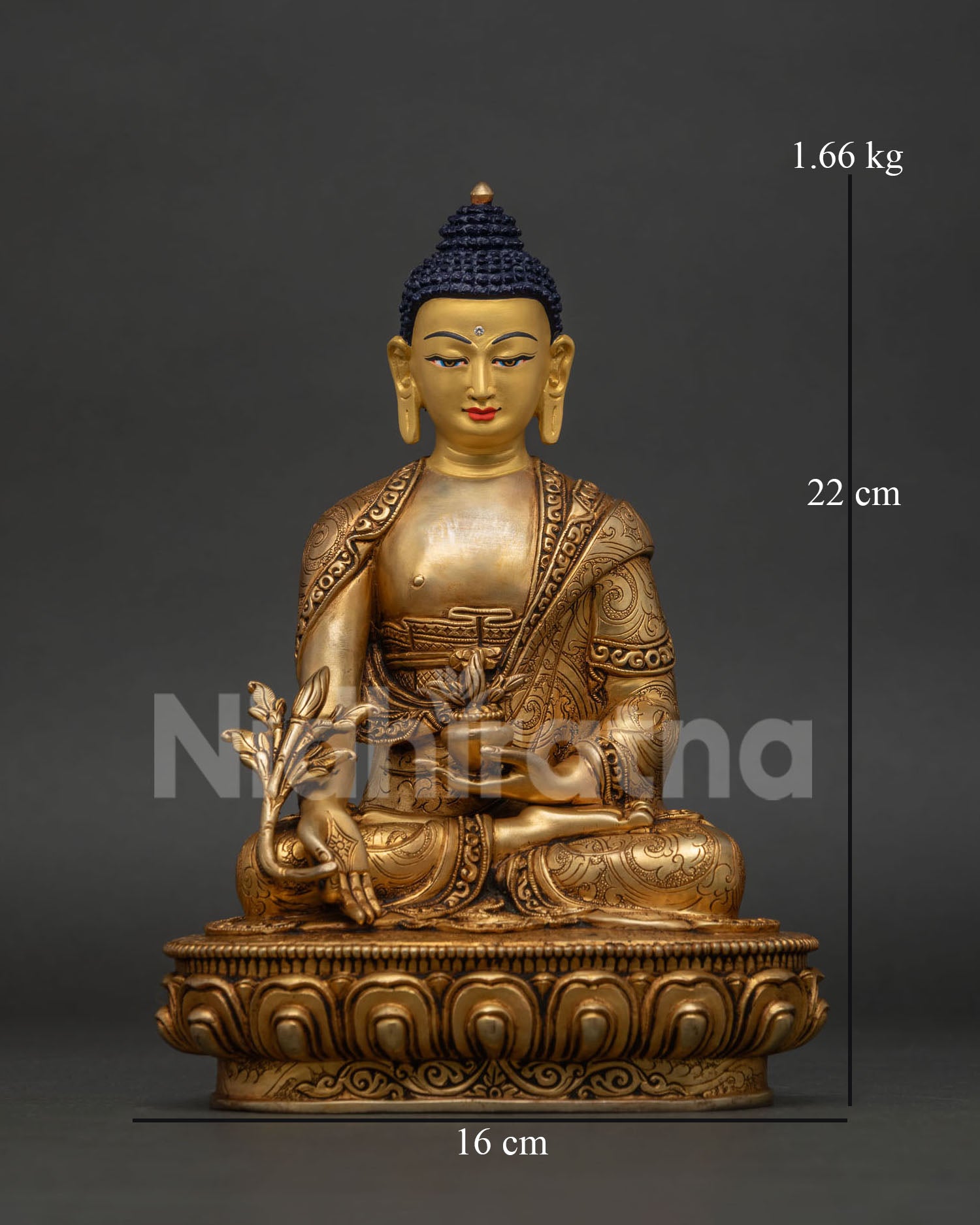 Gold fire gilded Medicine Buddha statue with hand carved lotus pedestal from Nepal.