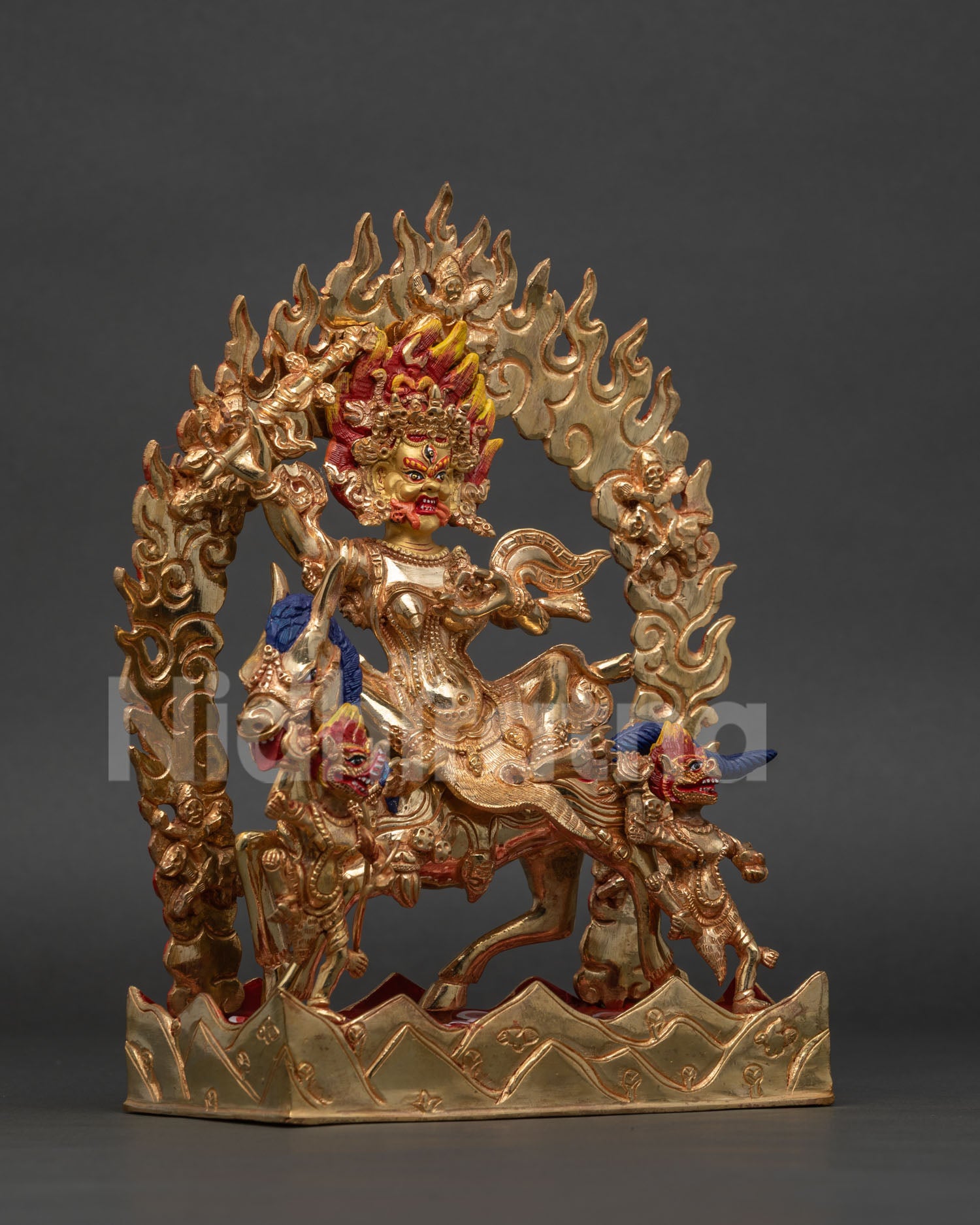 Gold fire gilded Palden Lhamo statue with 24K gold painted face.