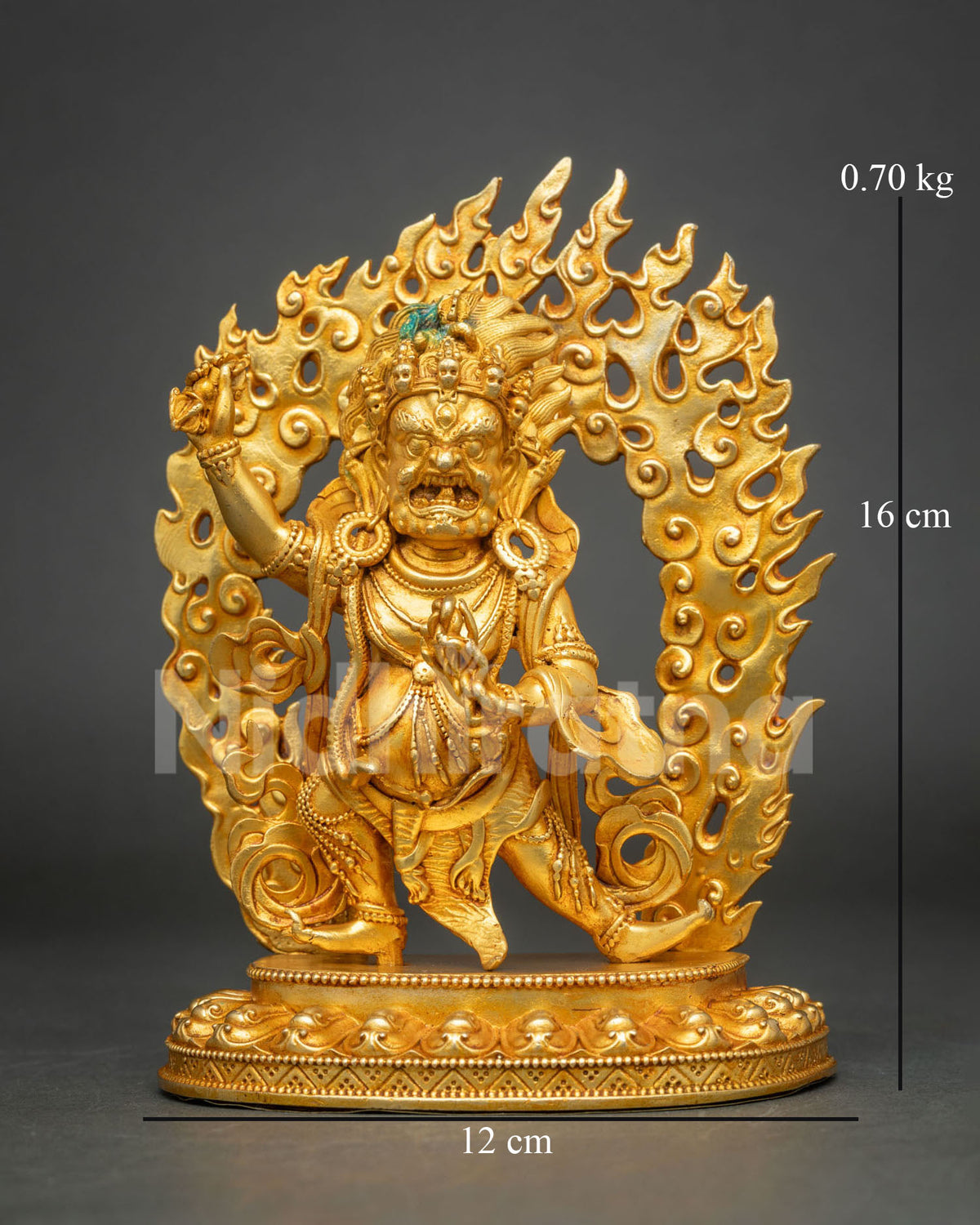 Gold fire-gilded Vajrapani Bodhisattva statue with blazing flame halo on lotus pedestal, front view