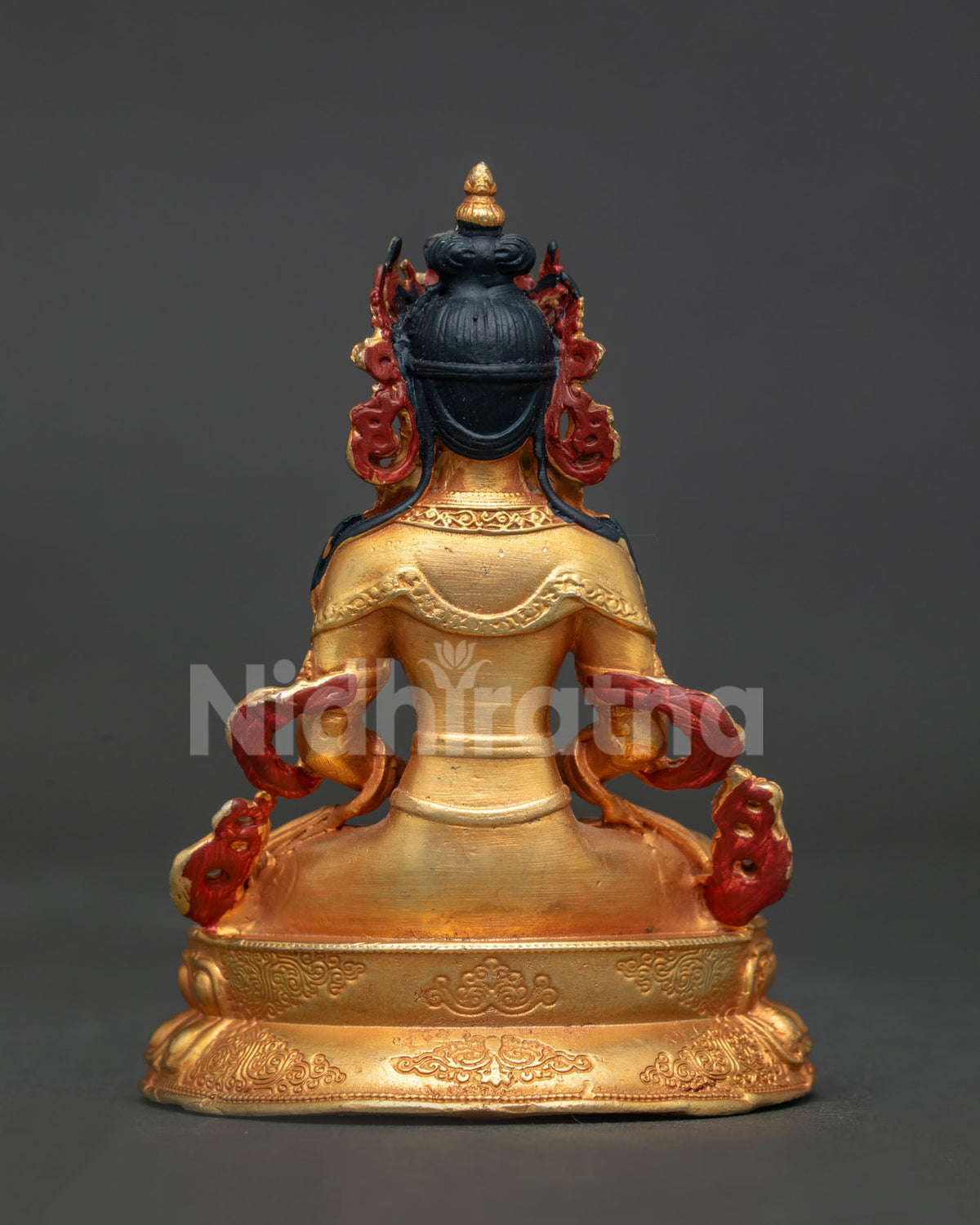Gold Gilded Amitayus Buddha statue showing floral ornaments and lotus pedestal.
