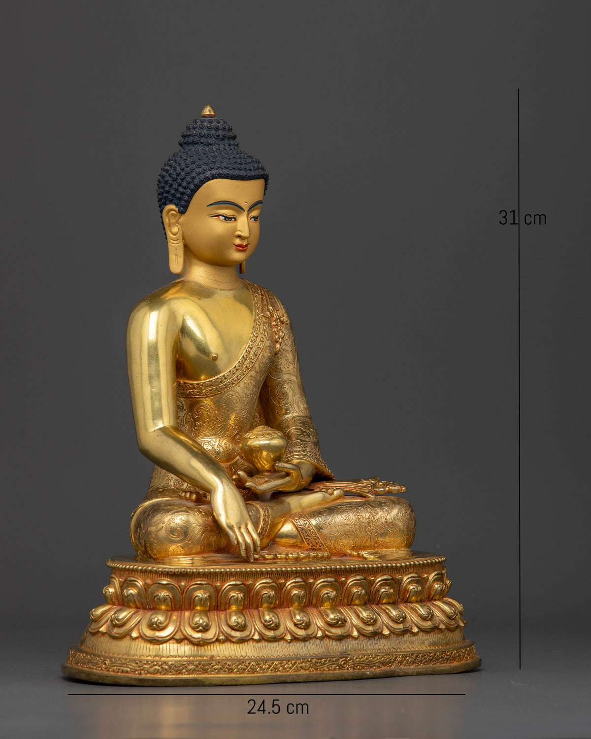 Gold gilded Buddha Shakyamuni statue with finely gold painted face and double lotus pedestal