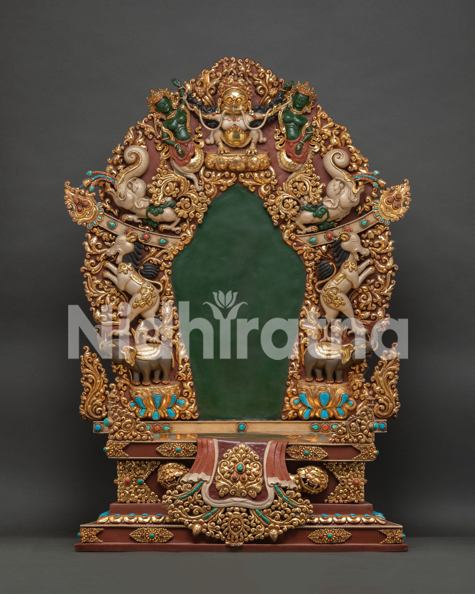 Gold gilded Buddhist throne with Garuda and sacred deity engravings from Nepal