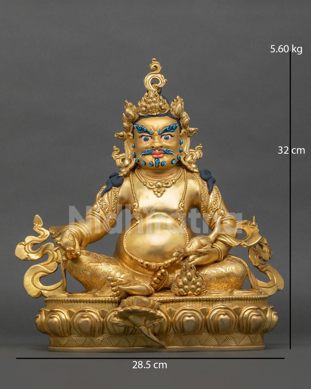Gold gilded Dzambhala copper statue front view with citron, mongoose and lotus throne