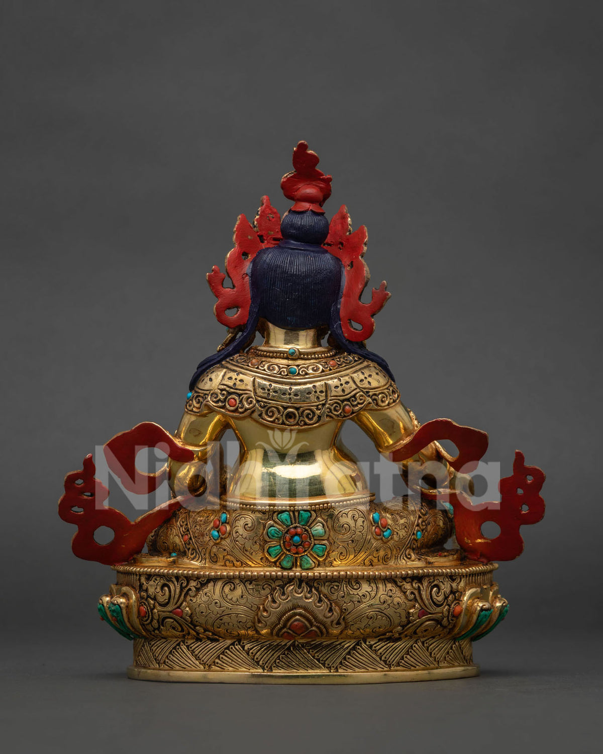 Gold-gilded Dzambhala statue suitable for a Buddhist altar, symbolizing wealth and prosperity.