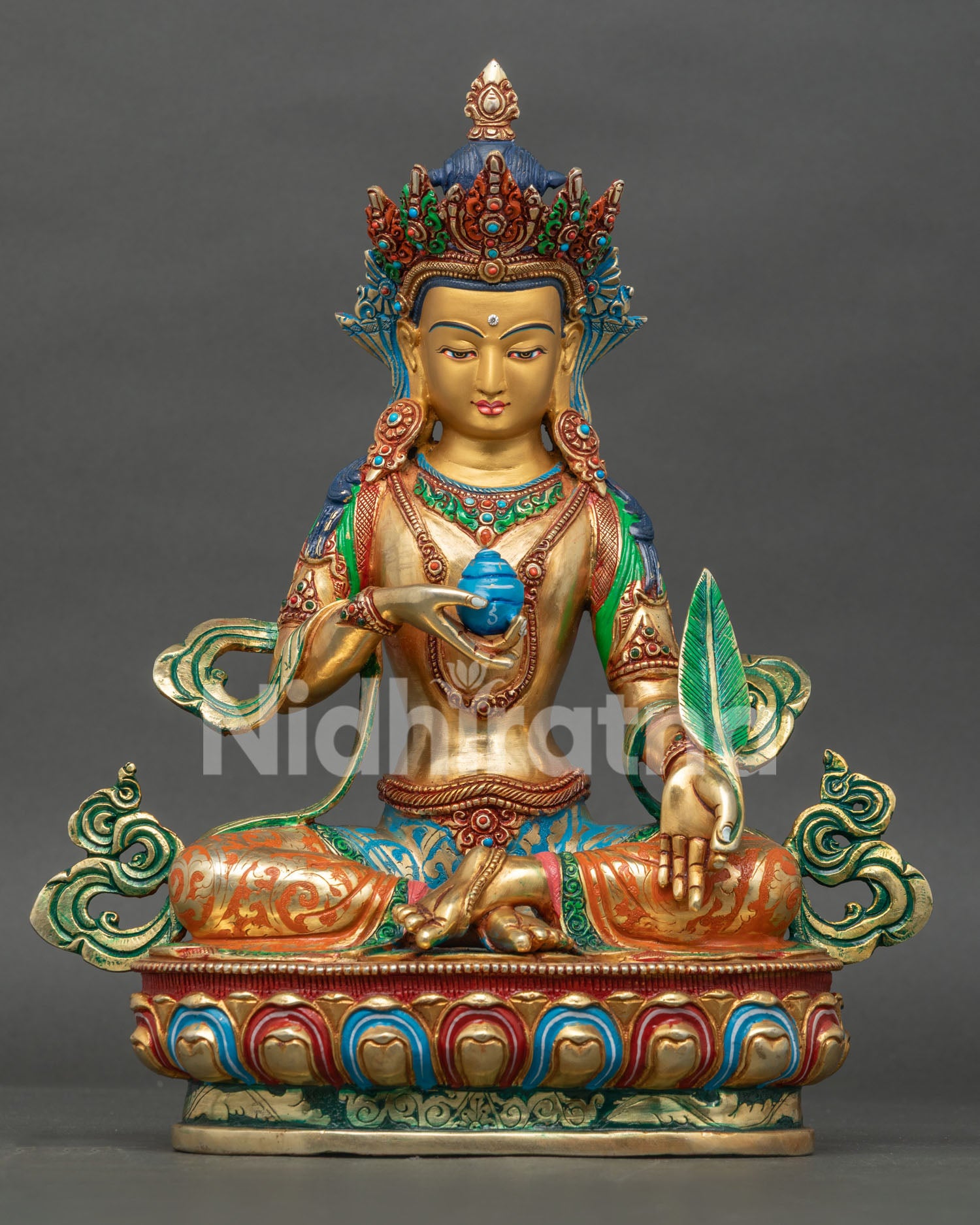 Gold gilded Kshitigarbha Bodhisattva sculpture with intricate Buddhist artisan details