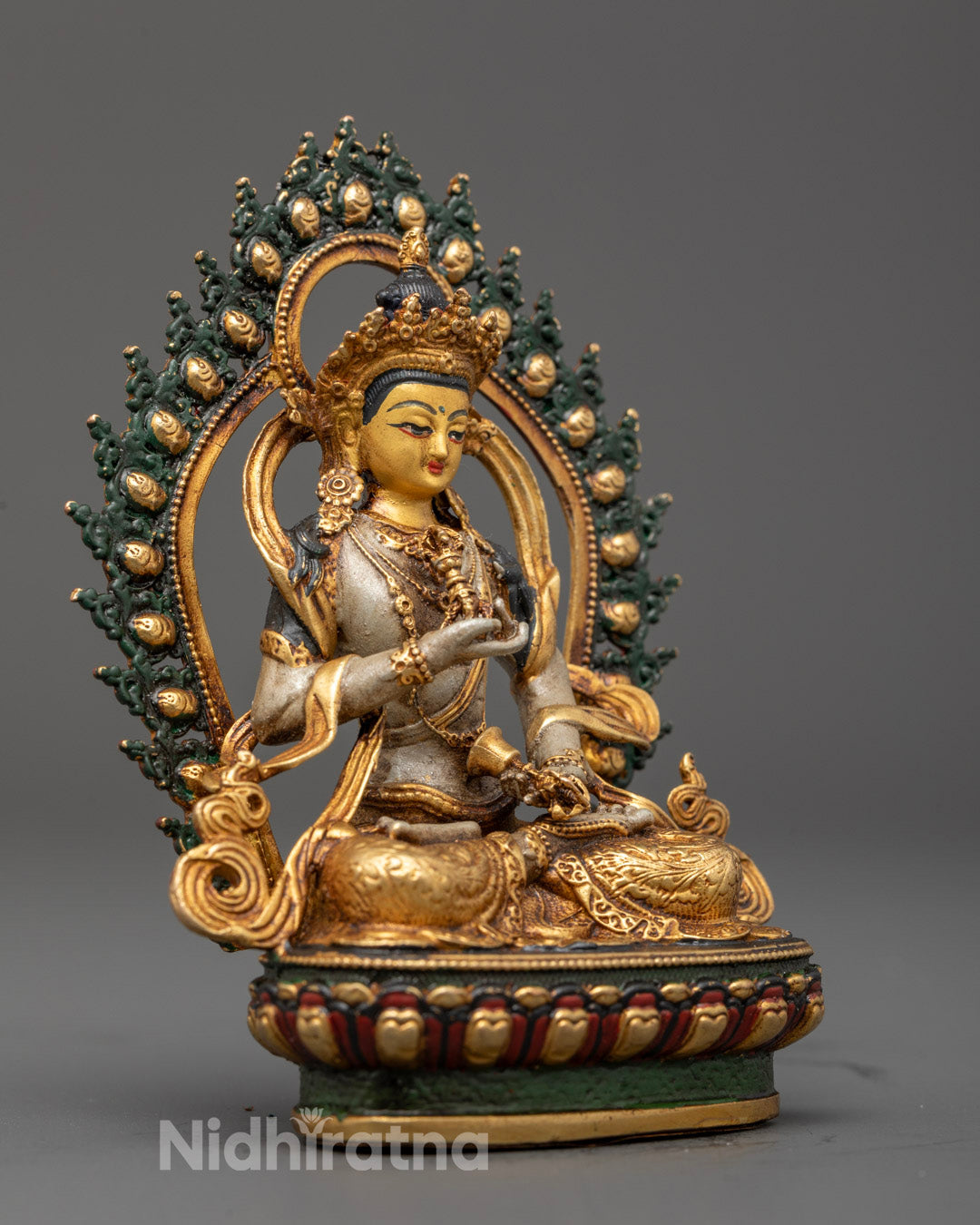 gold-gilded Vajrasattva Statue with elaborate halo and robe detailing, handcrafted using electroplating technique