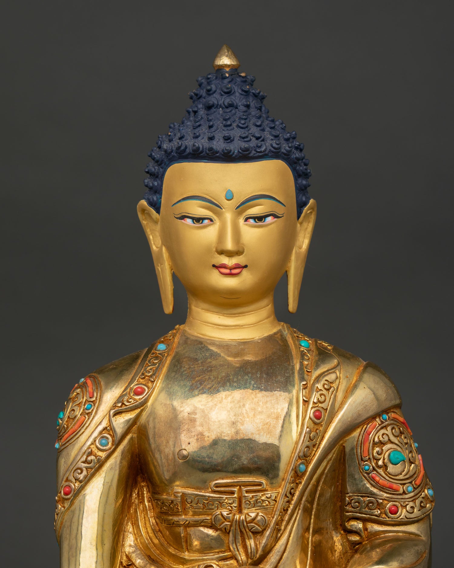 Gold Painted Shakyamuni Buddha Face with Semi Precious Stone Embellishments