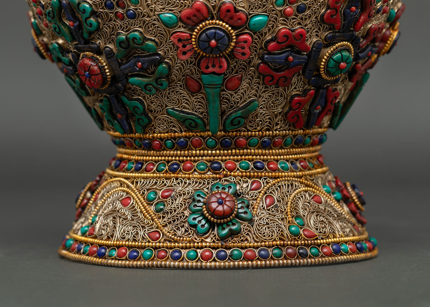 Gold Plated Copper Rice Pot Showcasing Handmade Nepalese Filigree Design and Ritual Art
