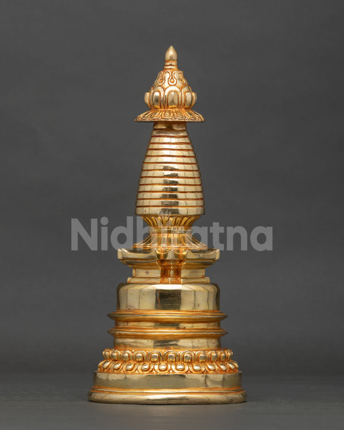 Gold-plated copper Kadampa Stupa with hand-engraved floral motifs