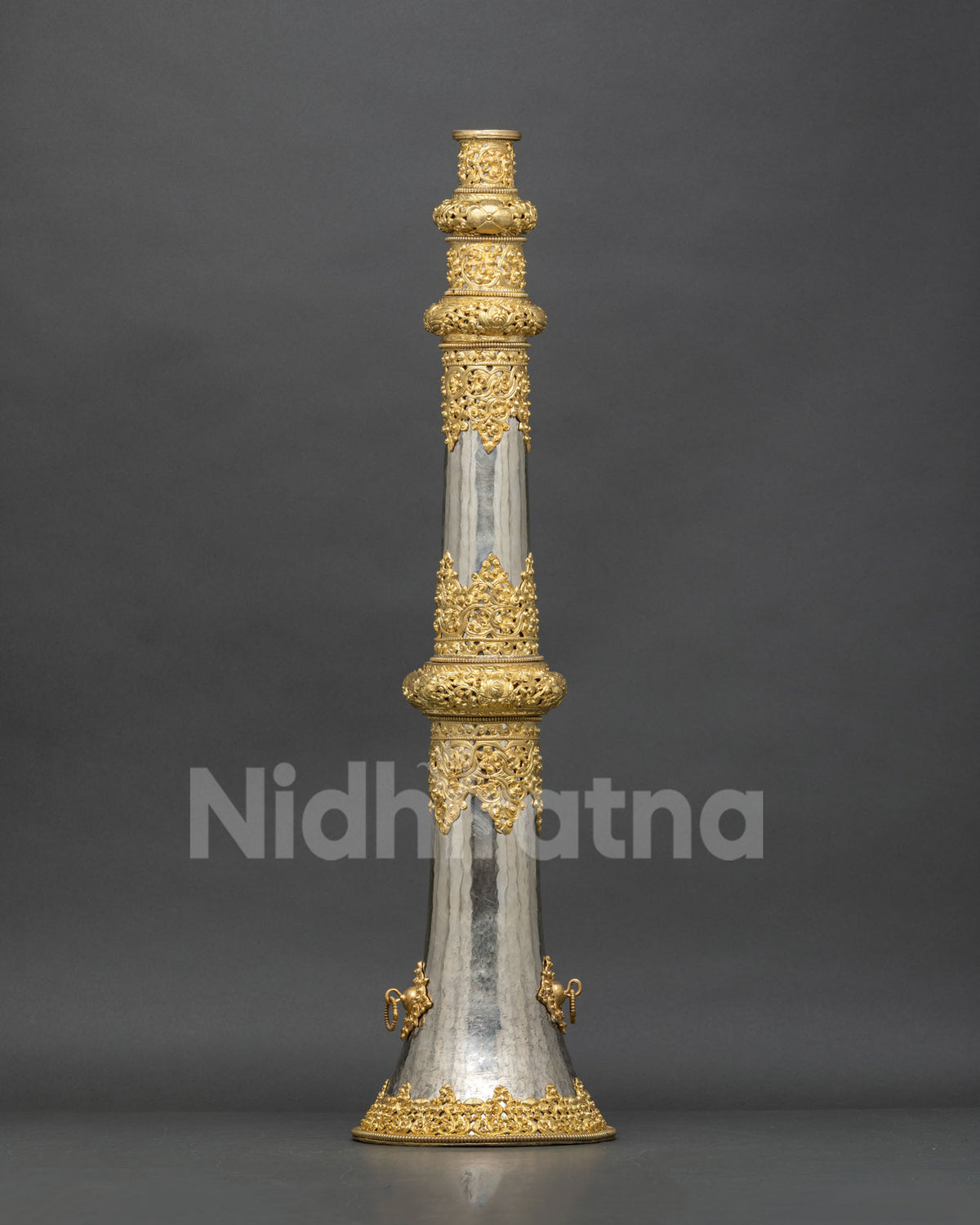 Gold Plated Lava Trumpet with Silver Plated Details for Tibetan Buddhist Ceremonial Use
