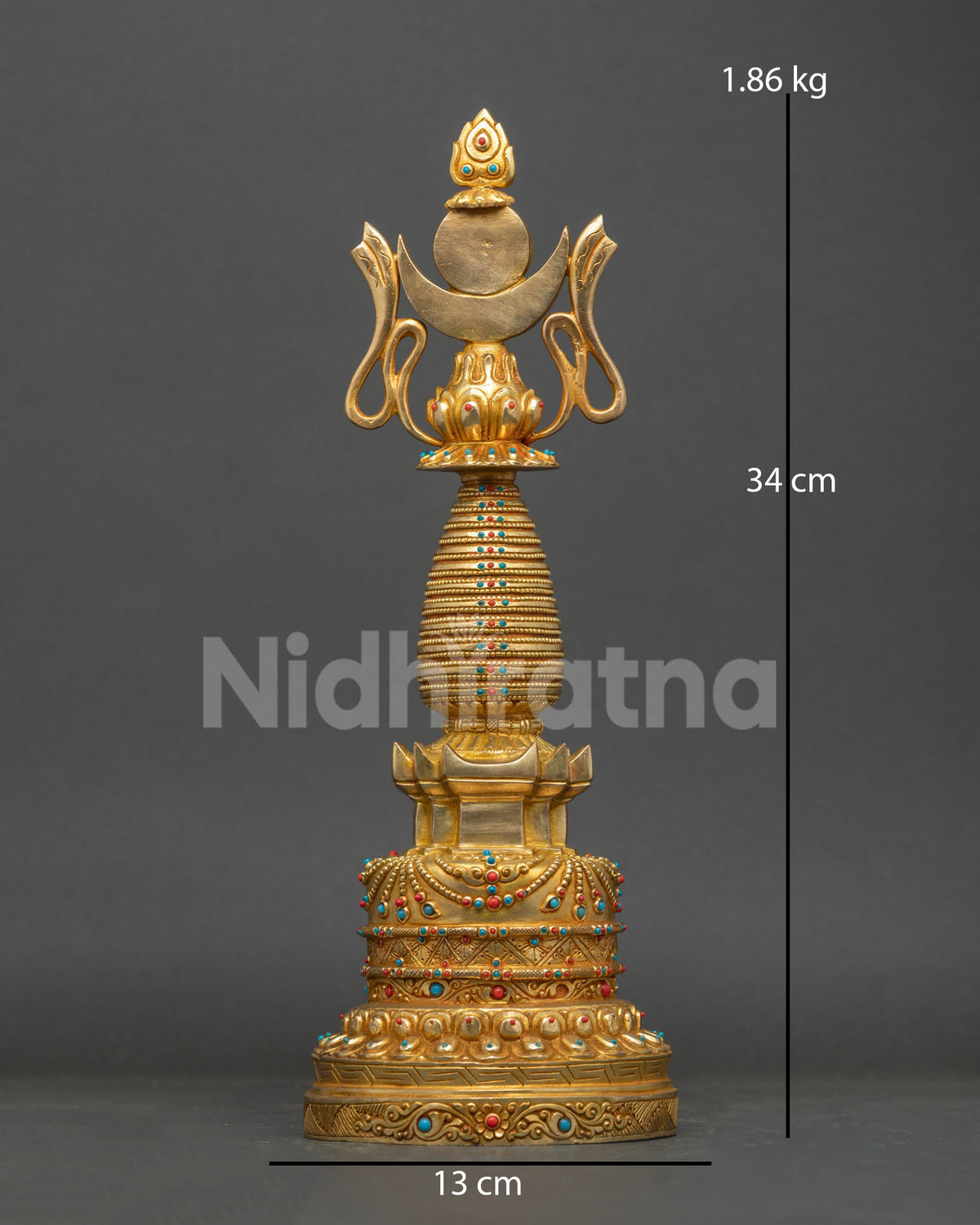 Gold-plated Tibetan Buddhist Stupa crafted from copper with traditional Newari details