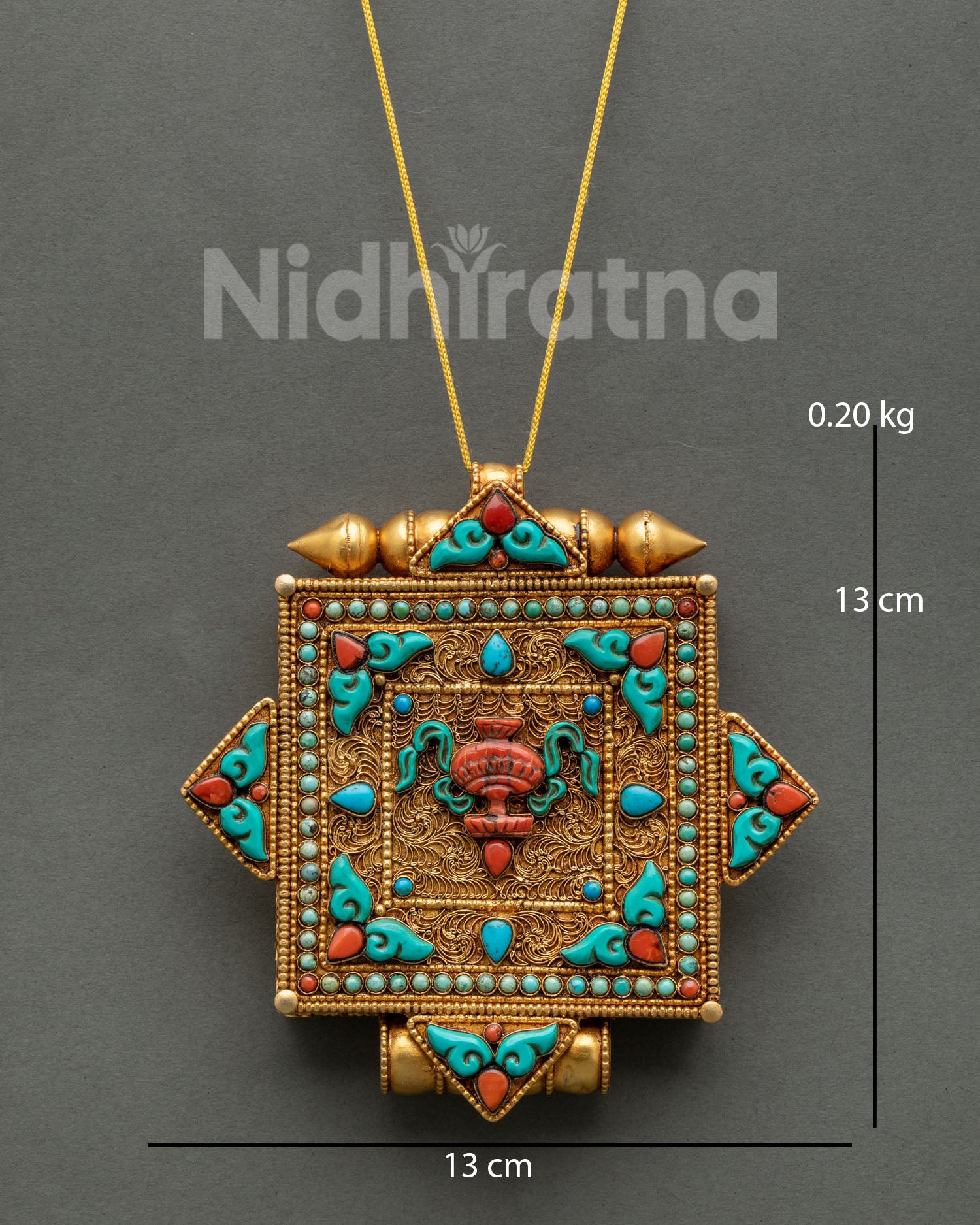 Gold plated Treasure Vase Ghau Mala with turquoise, coral and filigree artwork design