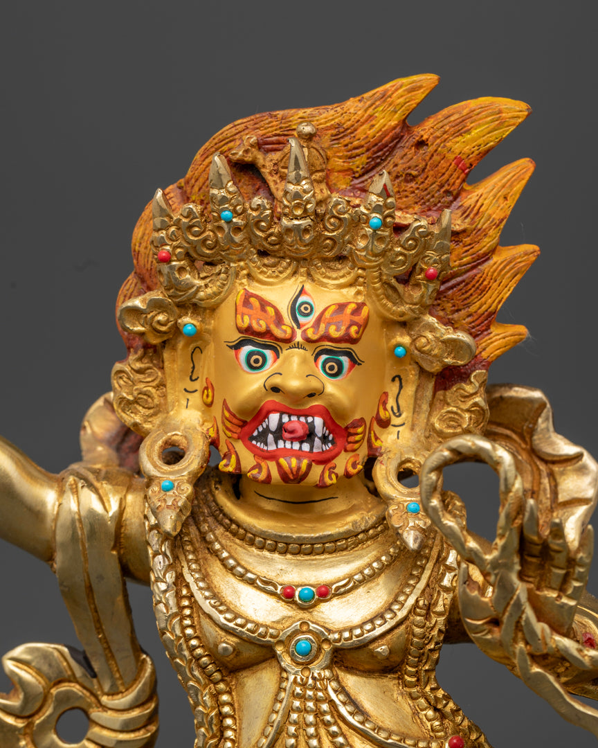 the gold coated face of vajrapani statue | Intricate Vajrapani statue | Enlightened protector Vajrapani statue