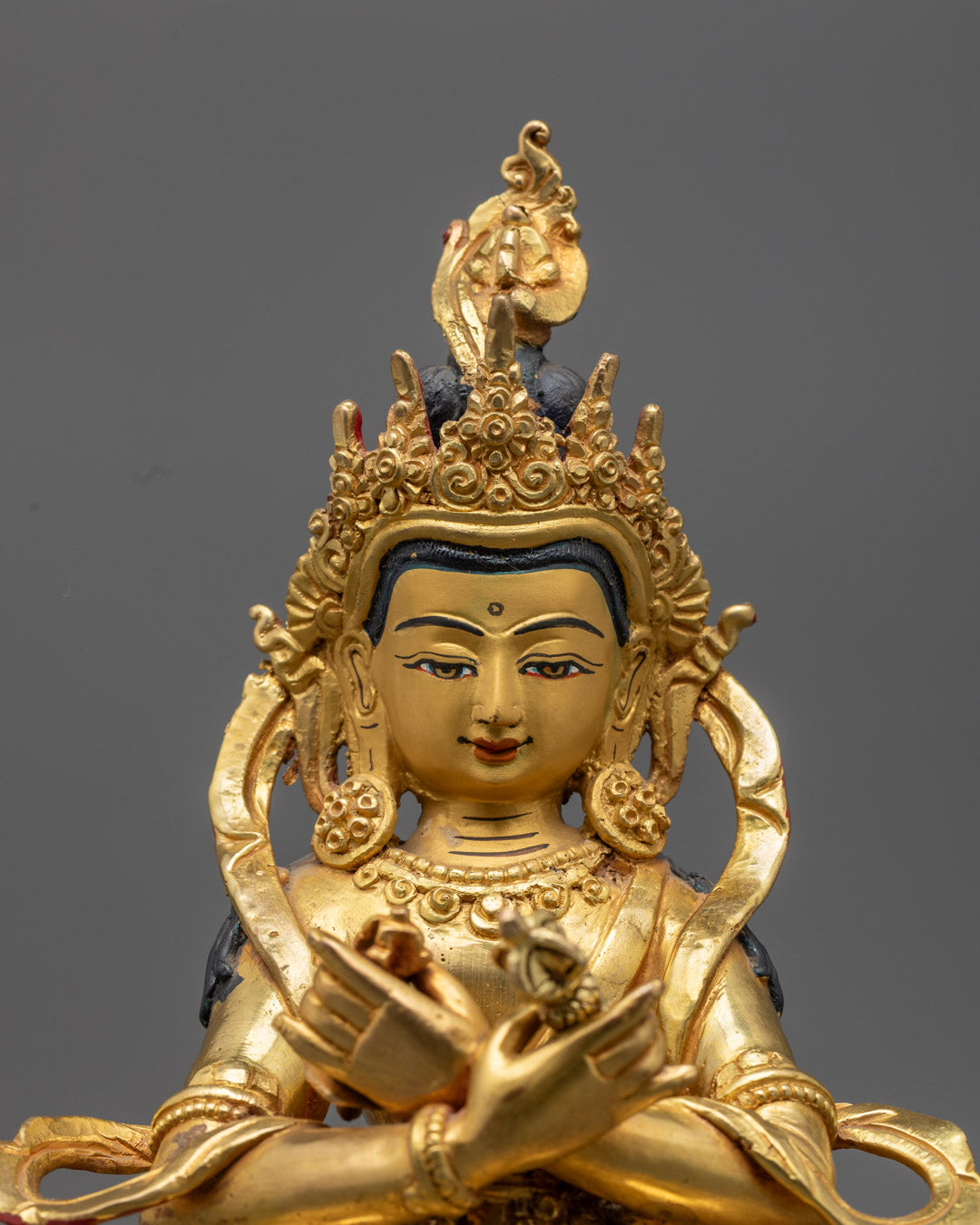gold fire-gilded Vajradhara with Consort statue, showcasing detailed hand-carving and traditional lost wax craftsmanship.