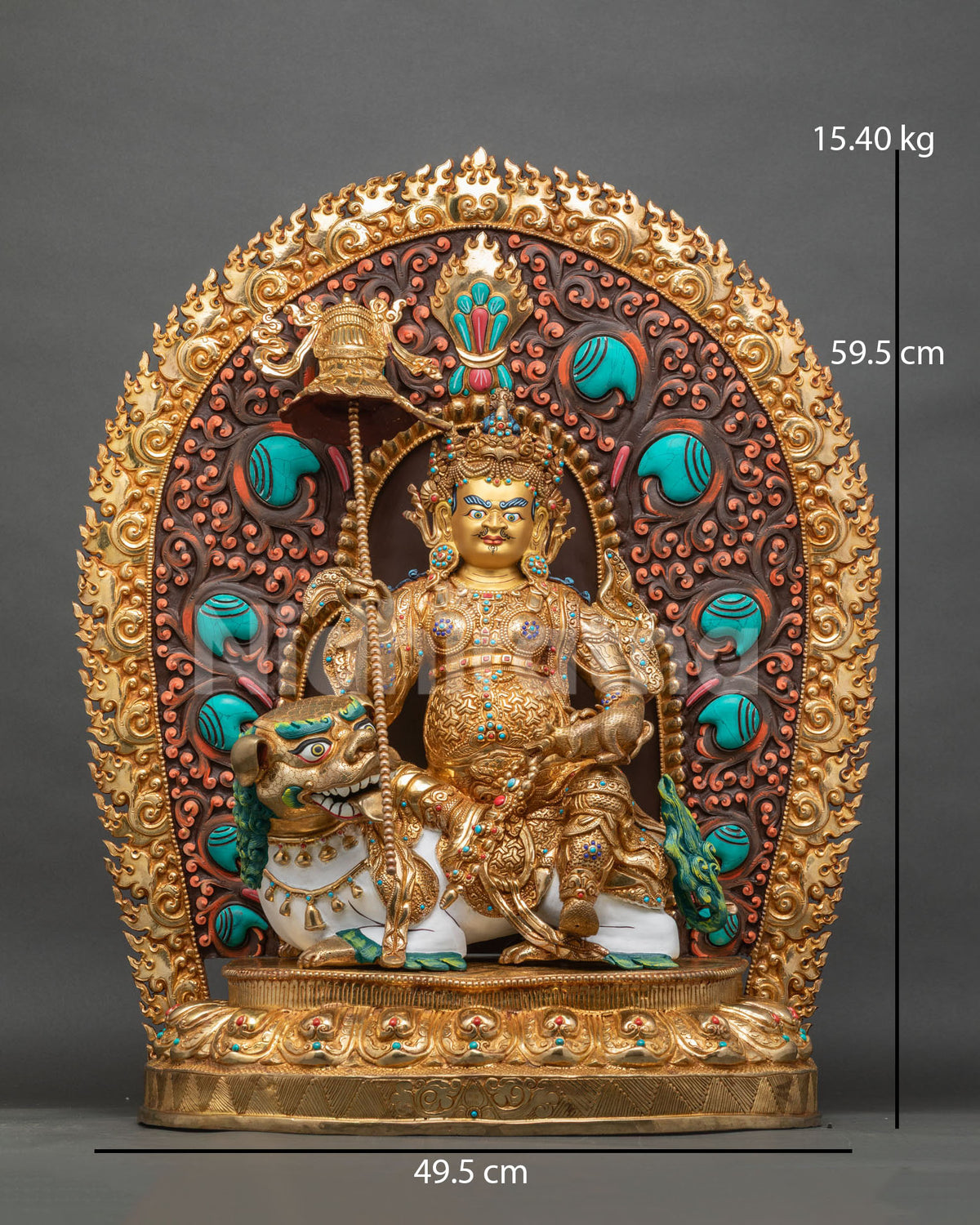 Golden Vaishravana Namtoshe statue front view with snow lion and flaming halo, Nepal
